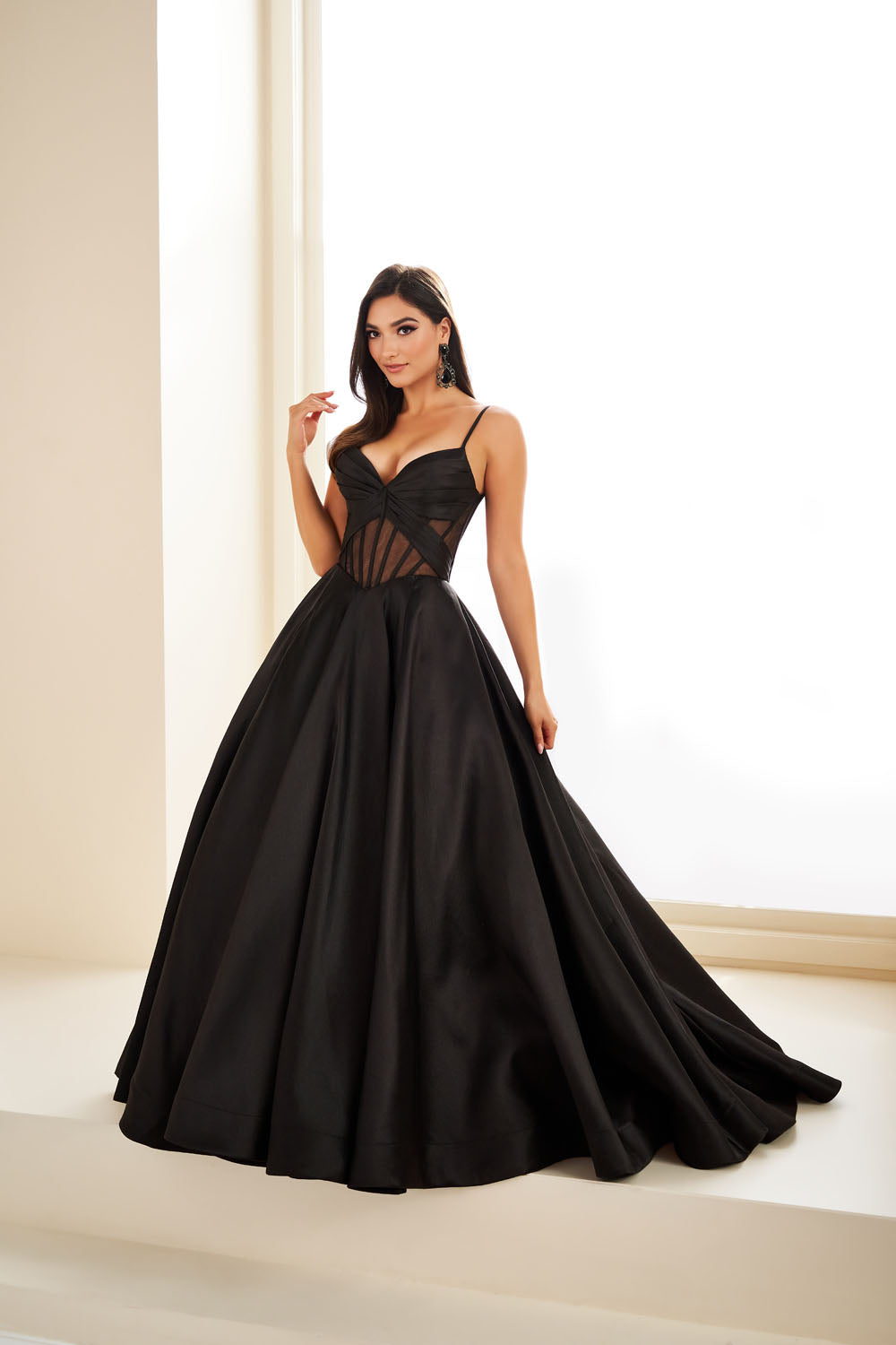 Ellie Wilde EW36073 ball gown prom dress images. Ellie Wilde EW36073 is available in these colors: Royal Blue, Red, Black, Blue Hydrangea, Diamond White.
