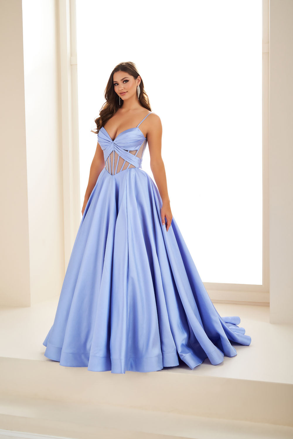 Ellie Wilde EW36073 ball gown prom dress images. Ellie Wilde EW36073 is available in these colors: Royal Blue, Red, Black, Blue Hydrangea, Diamond White.