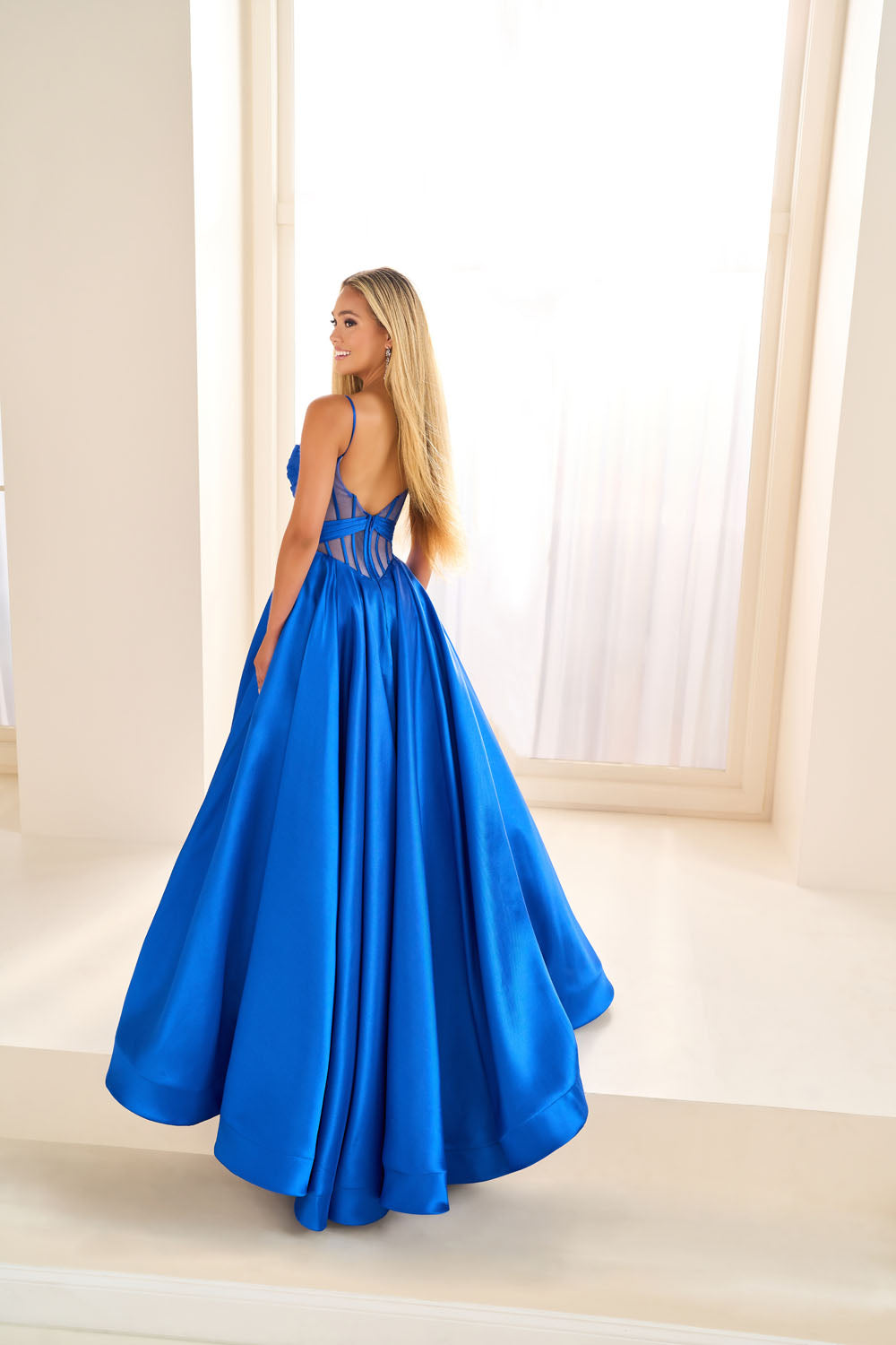 Ellie Wilde EW36073 ball gown prom dress images. Ellie Wilde EW36073 is available in these colors: Royal Blue, Red, Black, Blue Hydrangea, Diamond White.