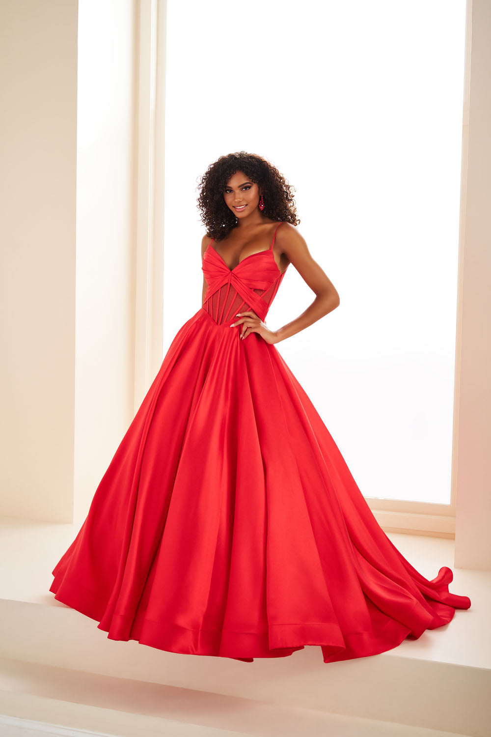 Ellie Wilde EW36073 ball gown prom dress images. Ellie Wilde EW36073 is available in these colors: Royal Blue, Red, Black, Blue Hydrangea, Diamond White.