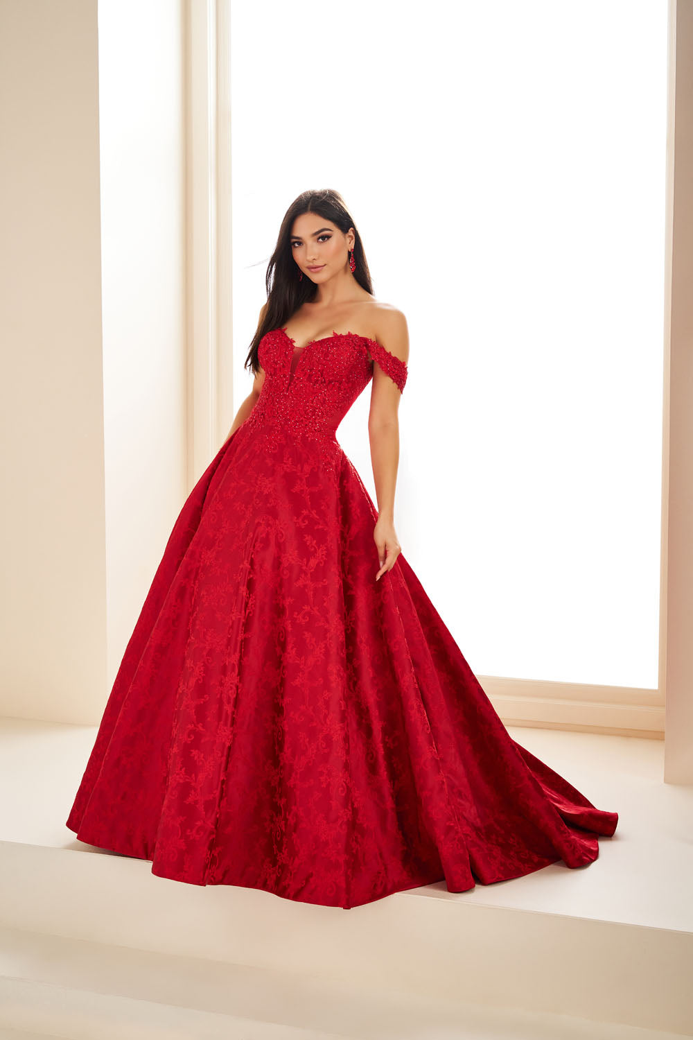 Ellie Wilde EW36078 ball gown prom dress images. Ellie Wilde EW36078 is available in these colors: Blue Pearl, Ruby.