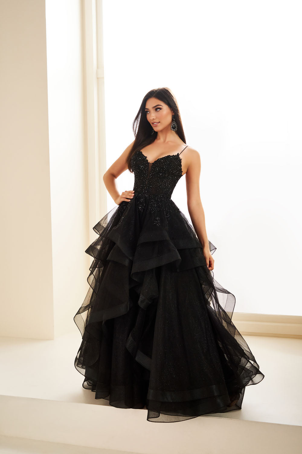 Ellie Wilde EW36203 ball gown prom dress images.  Ellie Wilde EW36203 is available in these colors: Diamond White, Light Blue, Light Yellow, Fuschia, Dark Plum, Black, Navy Blue, Royal Blue, Merlot.