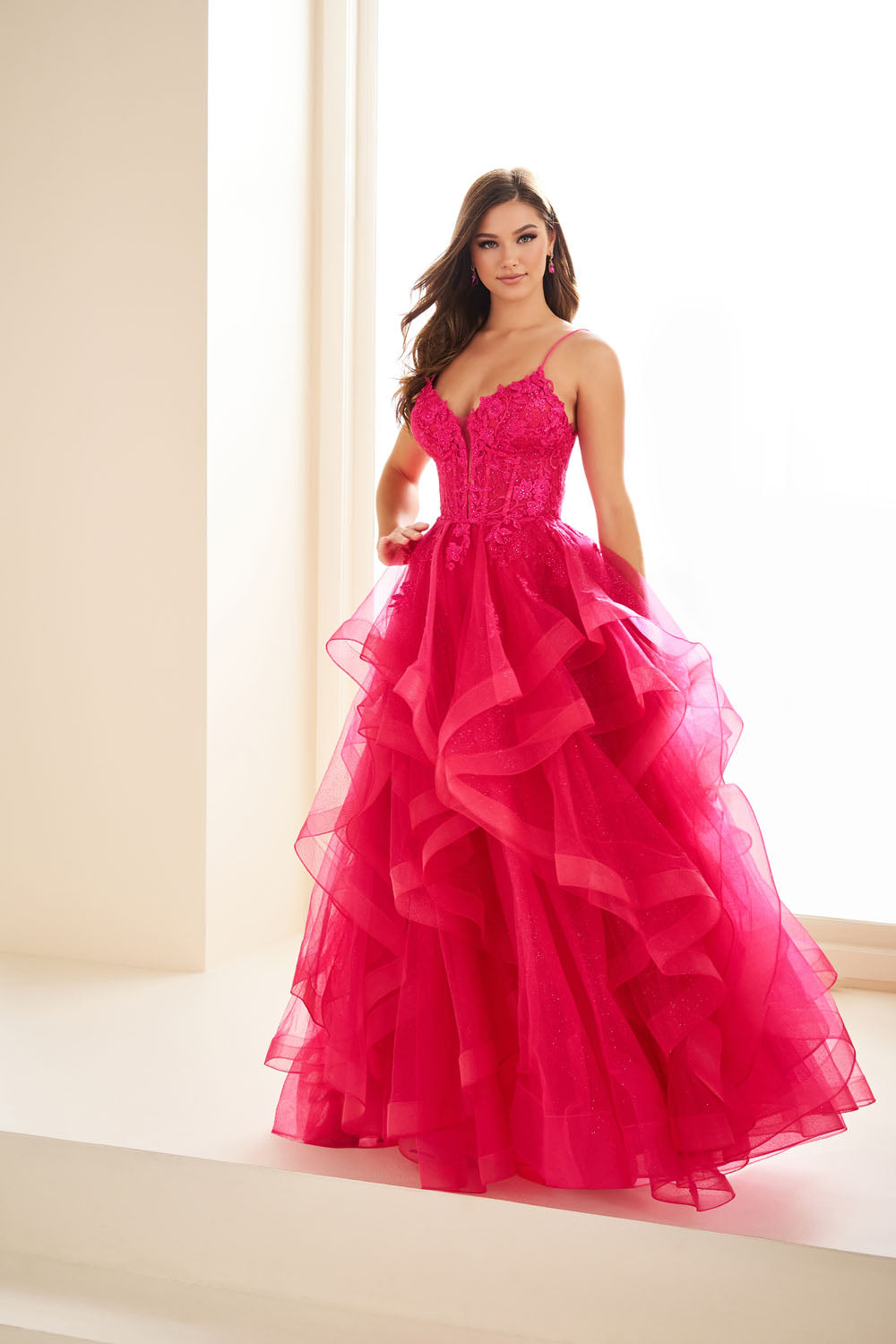 Ellie Wilde EW36203 ball gown prom dress images.  Ellie Wilde EW36203 is available in these colors: Diamond White, Light Blue, Light Yellow, Fuschia, Dark Plum, Black, Navy Blue, Royal Blue, Merlot.