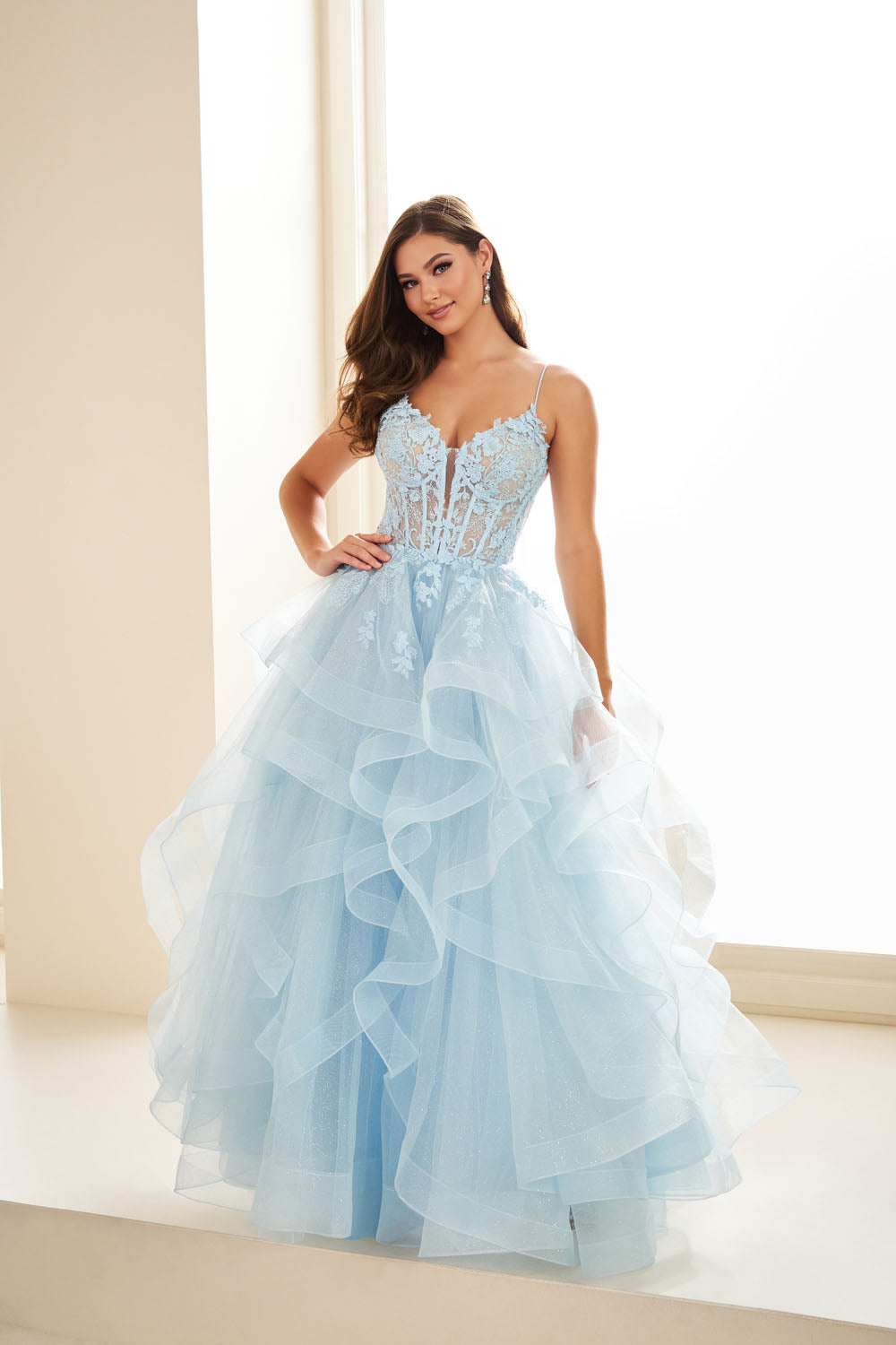 Ellie Wilde EW36203 ball gown prom dress images.  Ellie Wilde EW36203 is available in these colors: Diamond White, Light Blue, Light Yellow, Fuschia, Dark Plum, Black, Navy Blue, Royal Blue, Merlot.