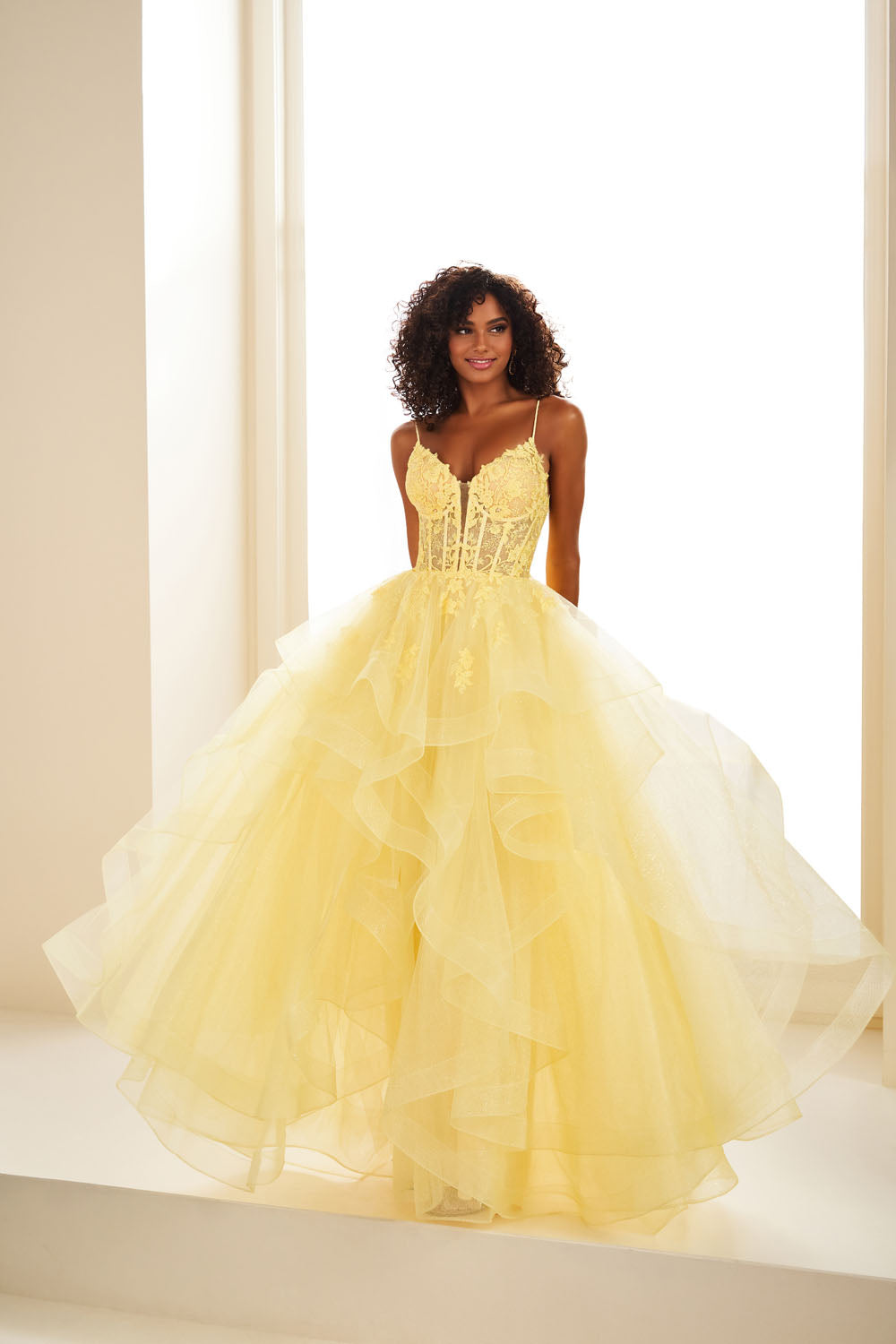 Ellie Wilde EW36203 ball gown prom dress images.  Ellie Wilde EW36203 is available in these colors: Diamond White, Light Blue, Light Yellow, Fuschia, Dark Plum, Black, Navy Blue, Royal Blue, Merlot.