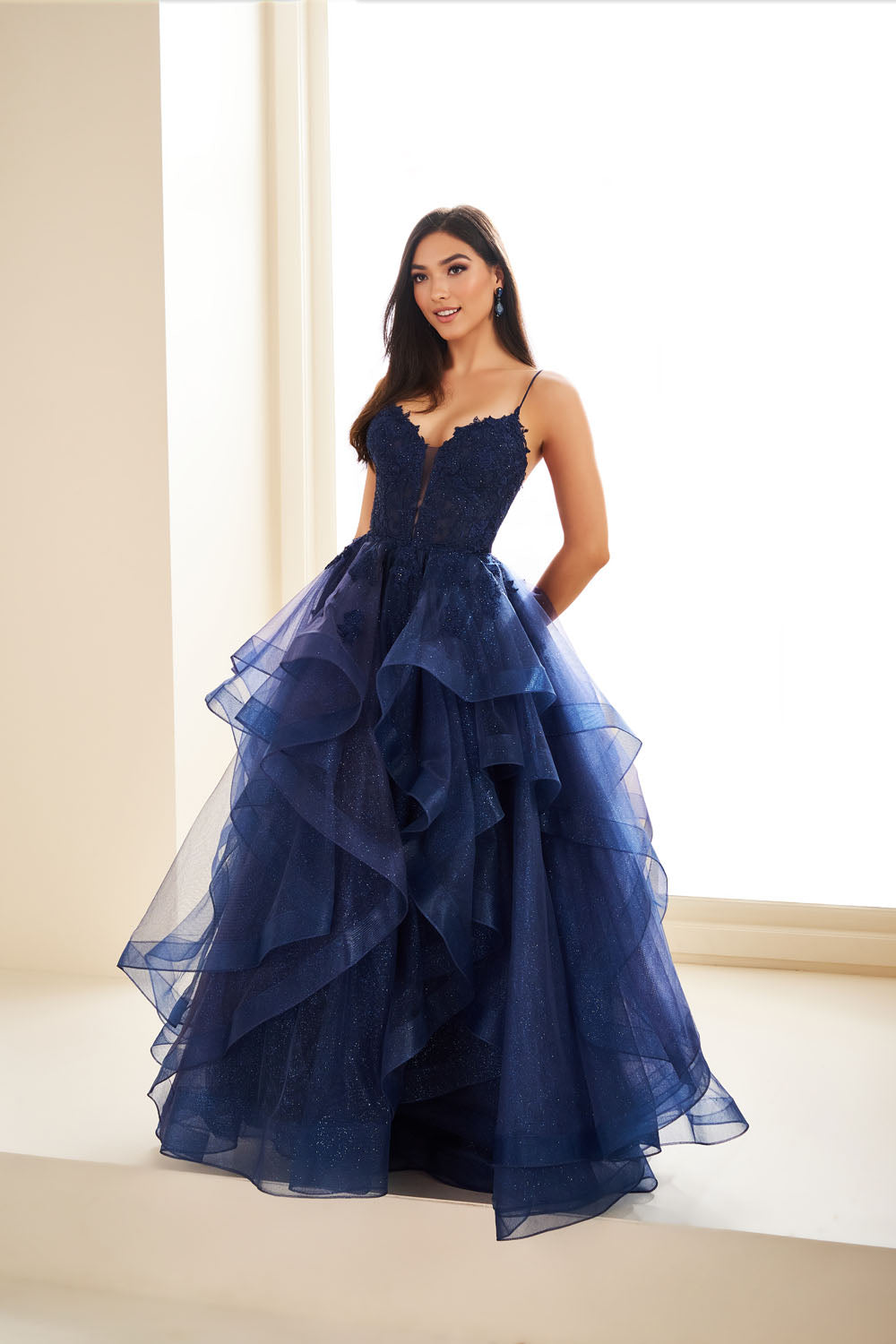 Ellie Wilde EW36203 ball gown prom dress images.  Ellie Wilde EW36203 is available in these colors: Diamond White, Light Blue, Light Yellow, Fuschia, Dark Plum, Black, Navy Blue, Royal Blue, Merlot.