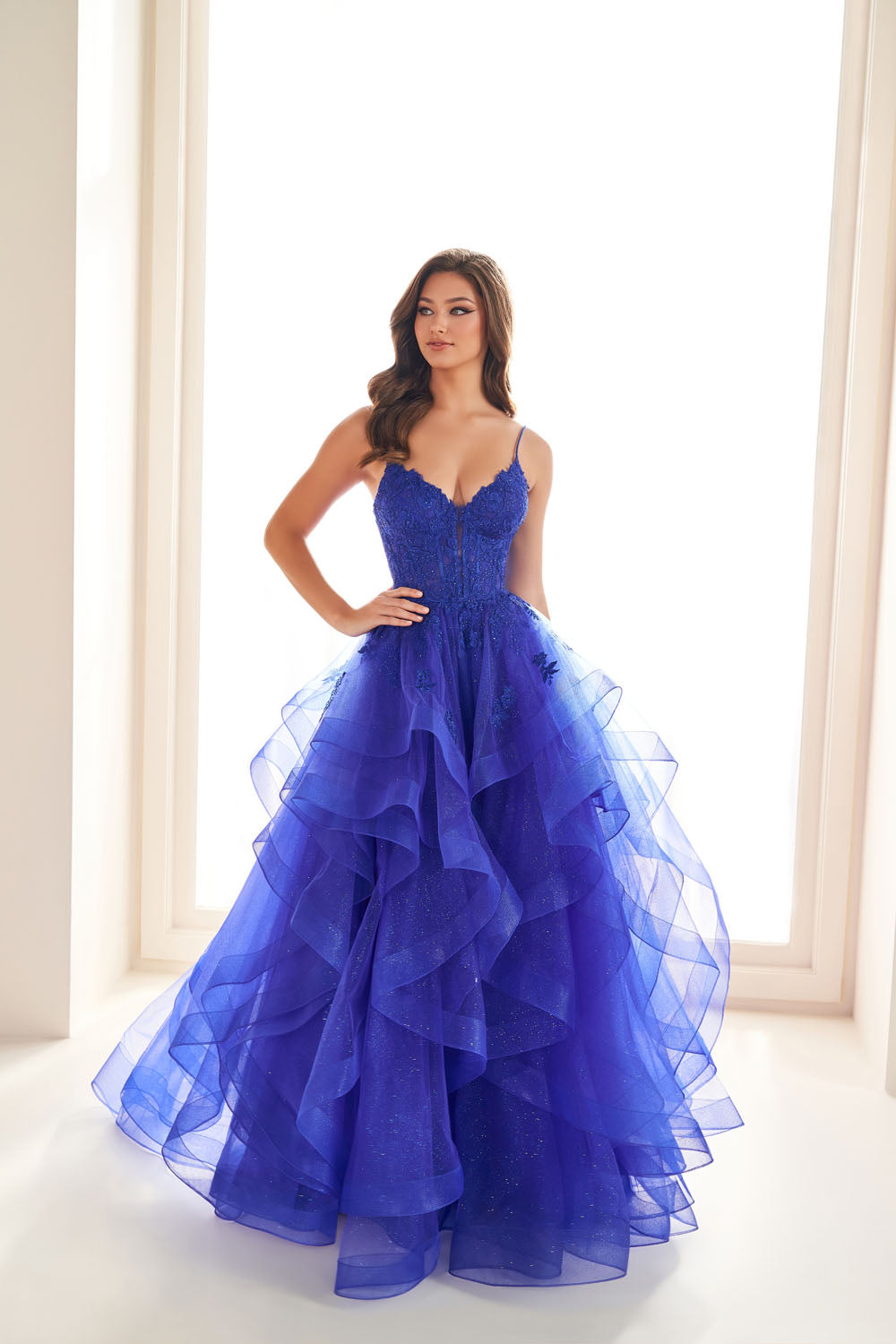 Ellie Wilde EW36203 ball gown prom dress images.  Ellie Wilde EW36203 is available in these colors: Diamond White, Light Blue, Light Yellow, Fuschia, Dark Plum, Black, Navy Blue, Royal Blue, Merlot.