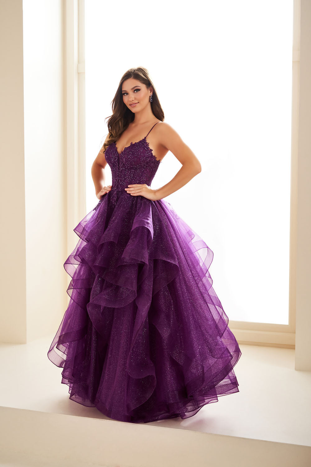 Ellie Wilde EW36203 ball gown prom dress images.  Ellie Wilde EW36203 is available in these colors: Diamond White, Light Blue, Light Yellow, Fuschia, Dark Plum, Black, Navy Blue, Royal Blue, Merlot.
