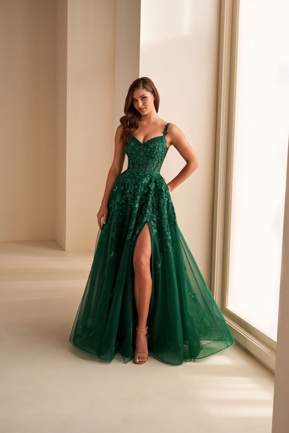 Ellie Wilde EW36204 a-line prom dress images.  Ellie Wilde EW36204 is available in these colors: Sapphire, Emerald, Jade.