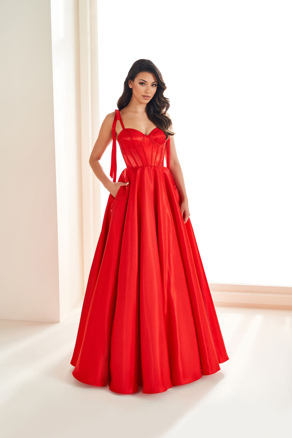 Ellie Wilde EW36210 ball gown prom dress images.  Ellie Wilde EW36210 is available in these colors: Red, Light Rose, Navy Blue, Diamond White.