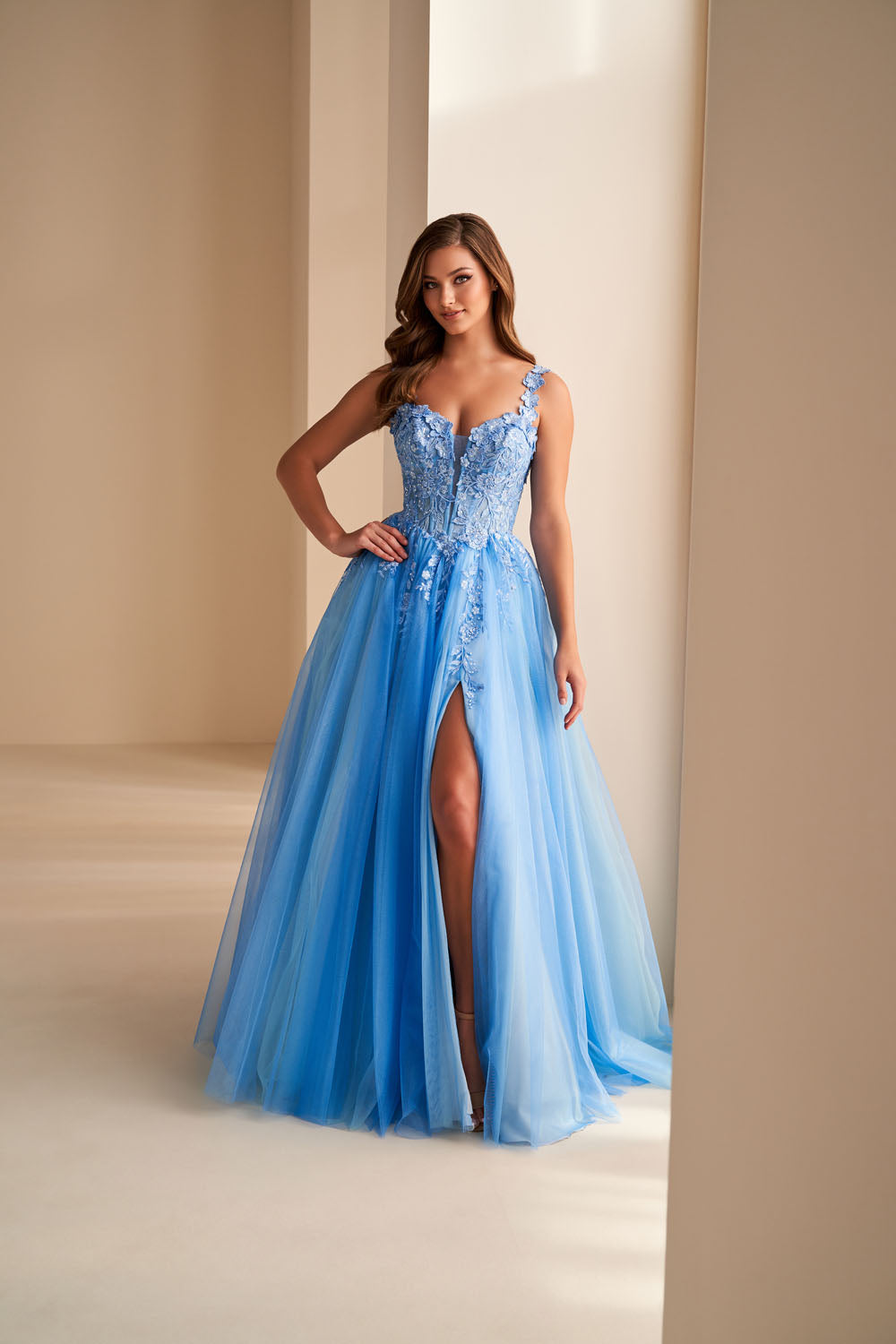 Ellie Wilde EW36213 a-line prom dress images.  Ellie Wilde EW36213 is available in these colors: Blush, Wintermint.