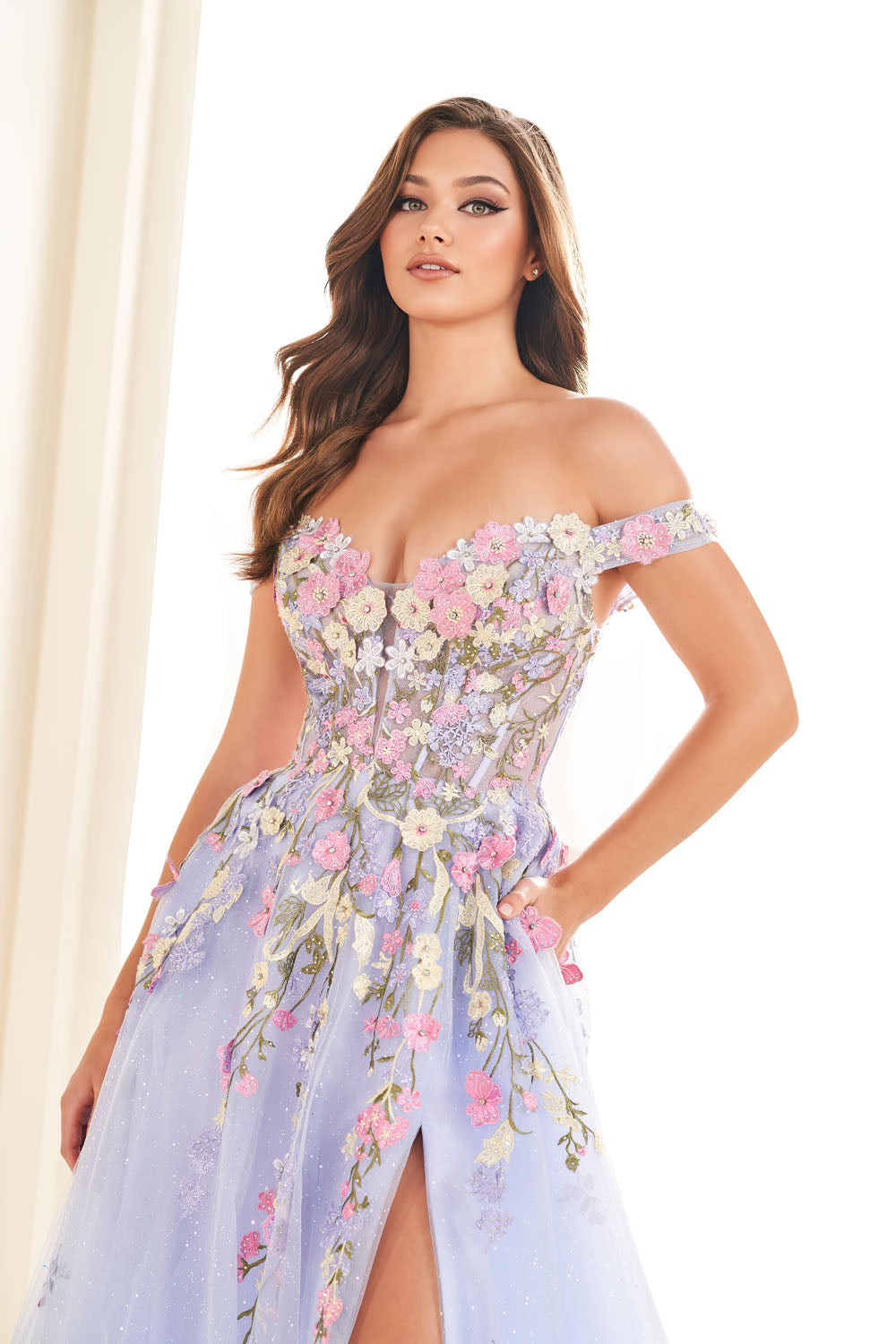Ellie Wilde EW36215 a-line prom dress images. Ellie Wilde EW36215 is available in these colors: Periwinkle Multi, Dark Purple Multi.