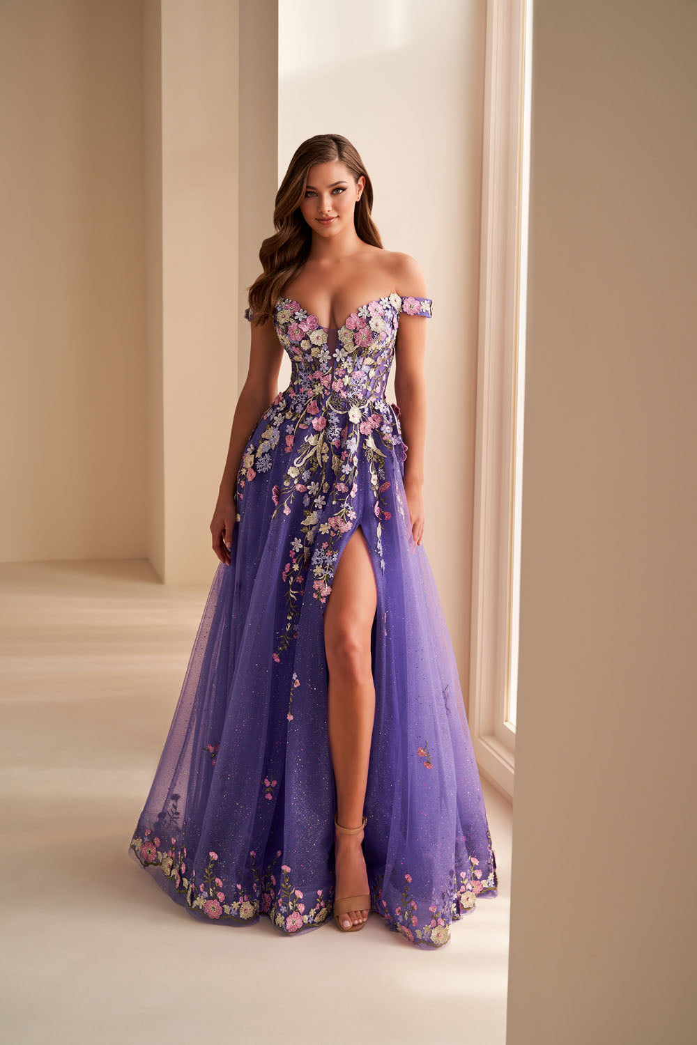 Ellie Wilde EW36215 a-line prom dress images. Ellie Wilde EW36215 is available in these colors: Periwinkle Multi, Dark Purple Multi.