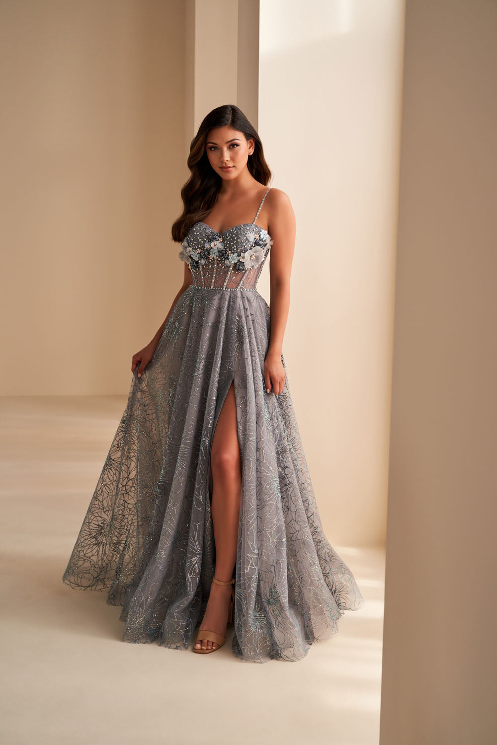 Ellie Wilde EW36218 a-line prom dress images. Ellie Wilde EW36218 is available in these colors: Sage Multi, Lilac Multi, Slate Multi.