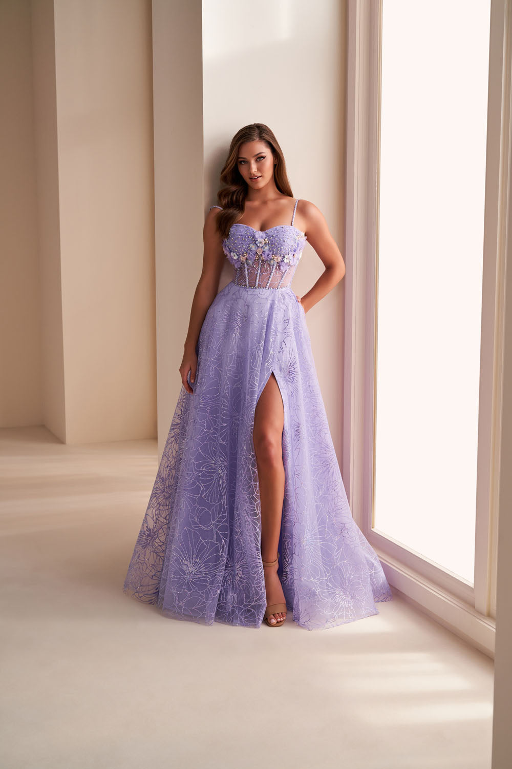 Ellie Wilde EW36218 a-line prom dress images. Ellie Wilde EW36218 is available in these colors: Sage Multi, Lilac Multi, Slate Multi.