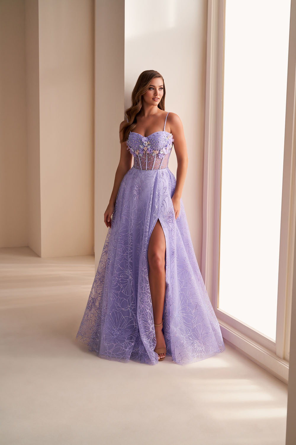 Ellie Wilde EW36218 a-line prom dress images. Ellie Wilde EW36218 is available in these colors: Sage Multi, Lilac Multi, Slate Multi.