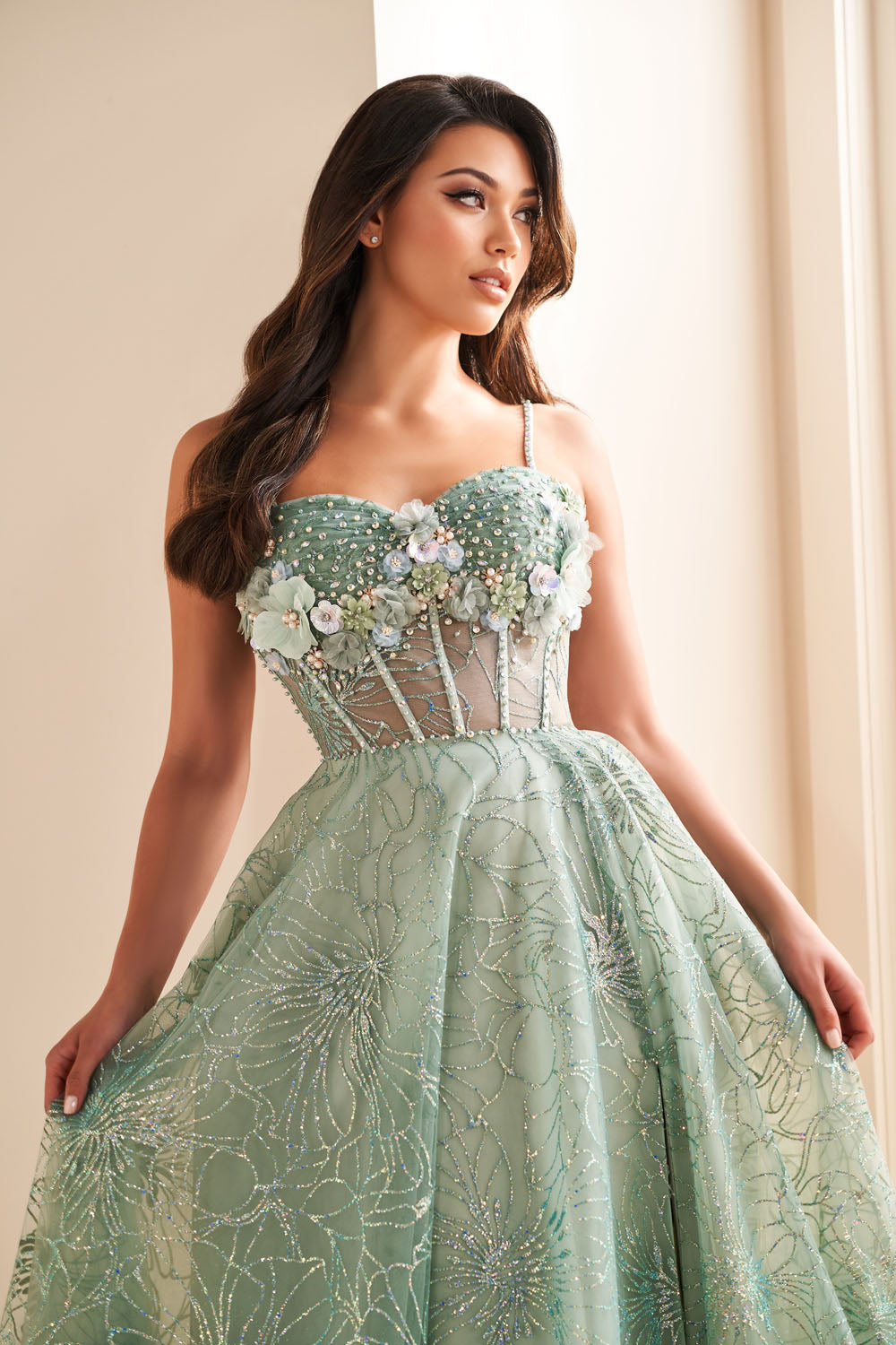 Ellie Wilde EW36218 a-line prom dress images. Ellie Wilde EW36218 is available in these colors: Sage Multi, Lilac Multi, Slate Multi.