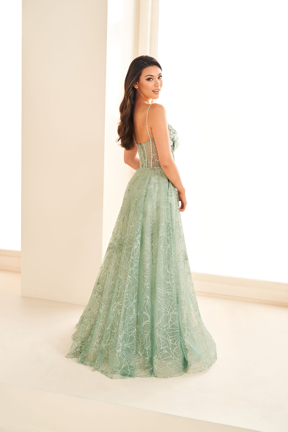 Ellie Wilde EW36218 a-line prom dress images. Ellie Wilde EW36218 is available in these colors: Sage Multi, Lilac Multi, Slate Multi.