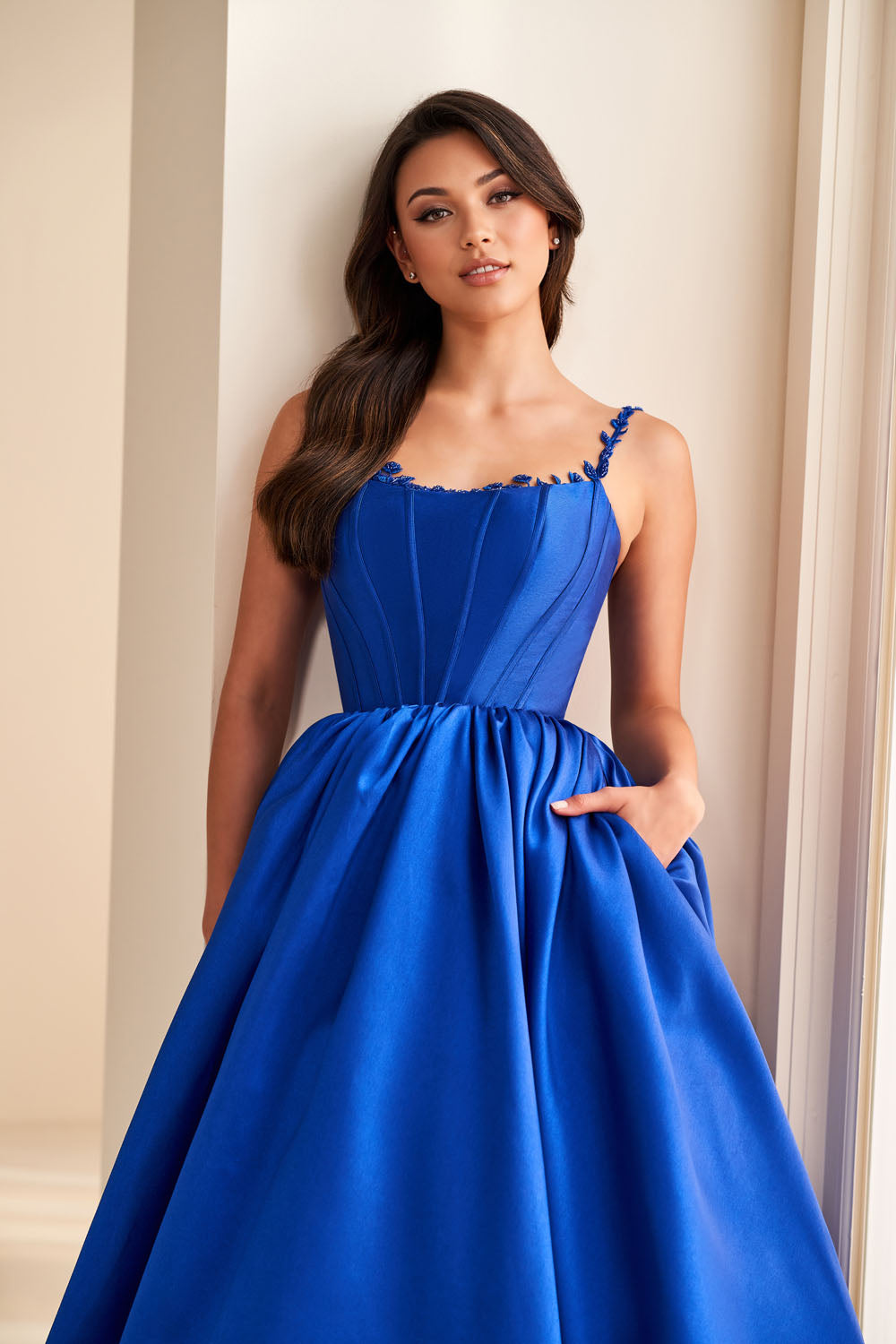 Ellie Wilde EW36221 ball gown prom dress images.  Ellie Wilde EW36221 is available in these colors: Diamond White, Royal Blue, Teal.