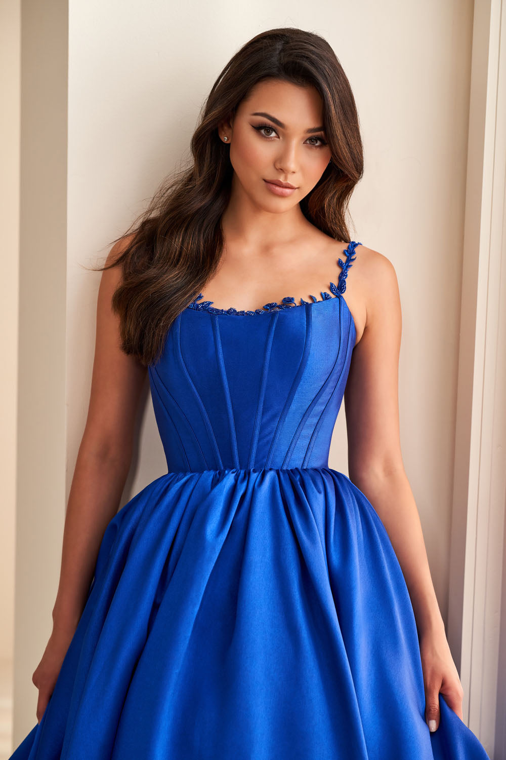 Ellie Wilde EW36221 ball gown prom dress images.  Ellie Wilde EW36221 is available in these colors: Diamond White, Royal Blue, Teal.