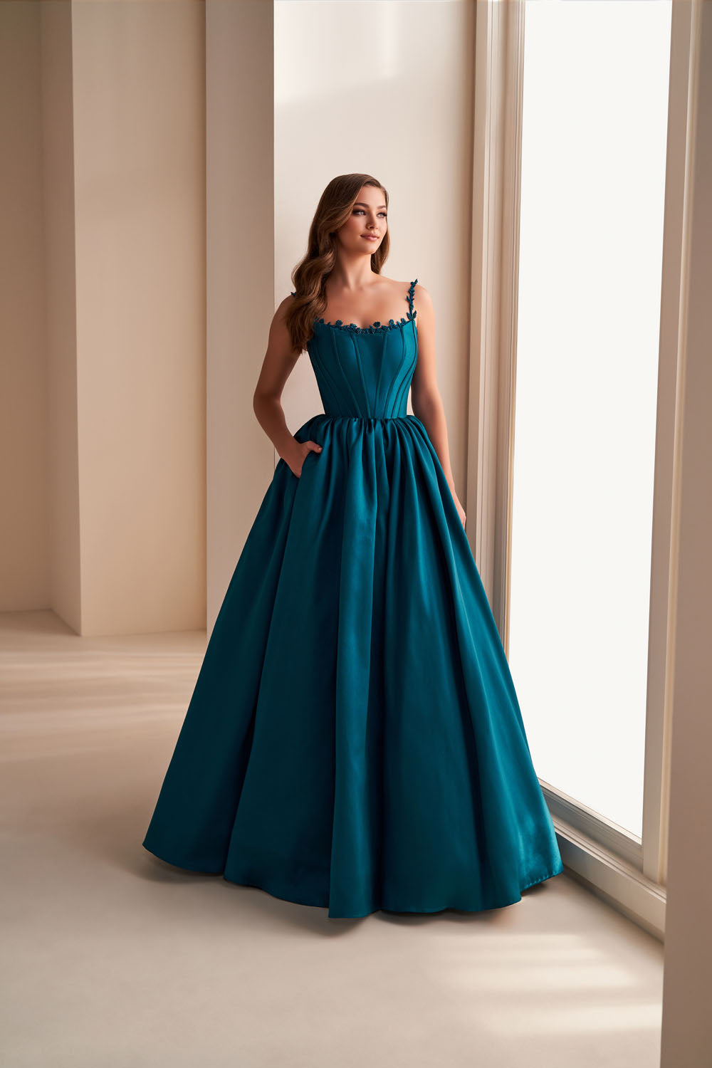 Ellie Wilde EW36221 ball gown prom dress images.  Ellie Wilde EW36221 is available in these colors: Diamond White, Royal Blue, Teal.