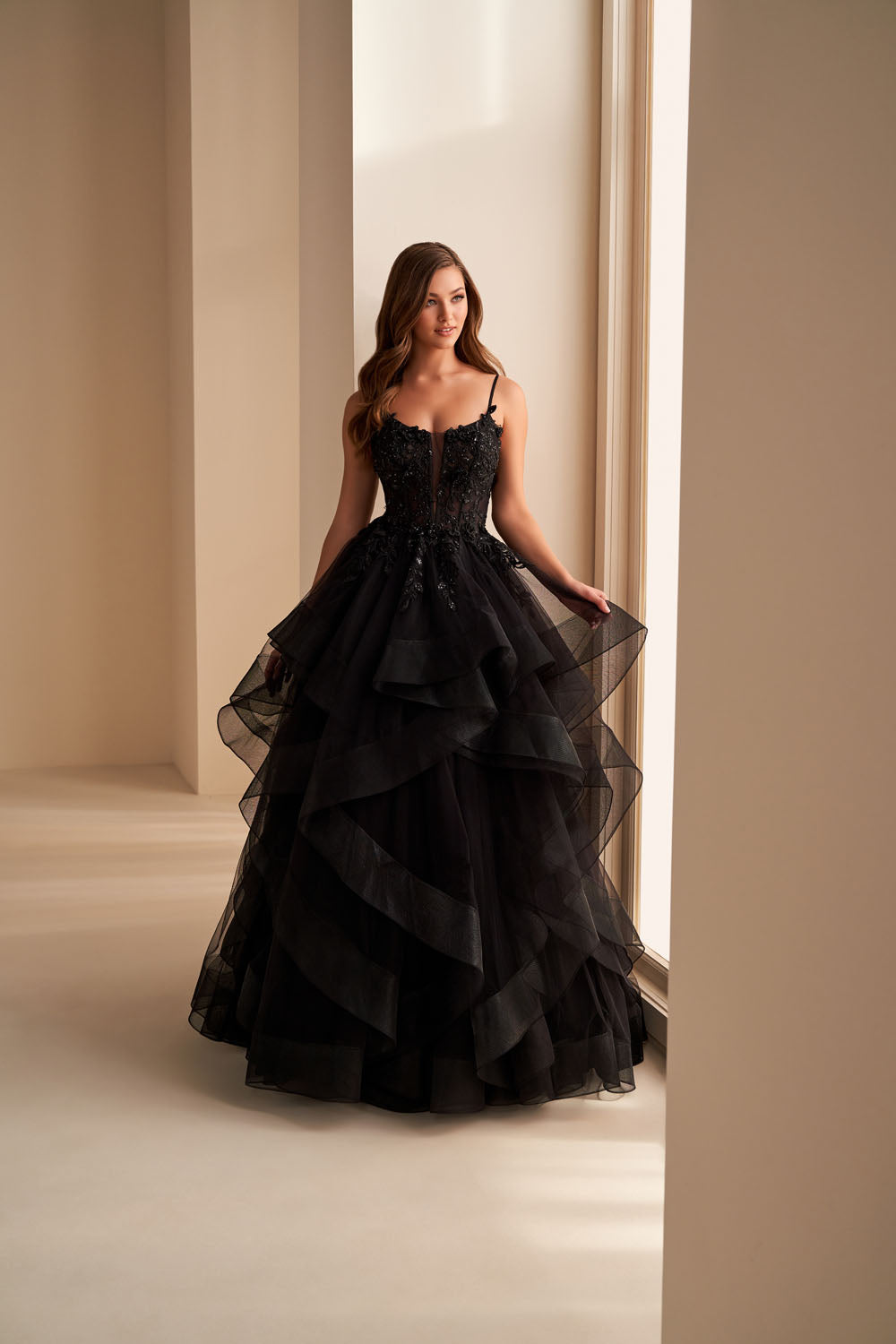 Ellie Wilde EW36225 ball gown prom dress images.  Ellie Wilde EW36225 is available in these colors: Emerald, Wine, Dark Plum, Black, Blue Haze.