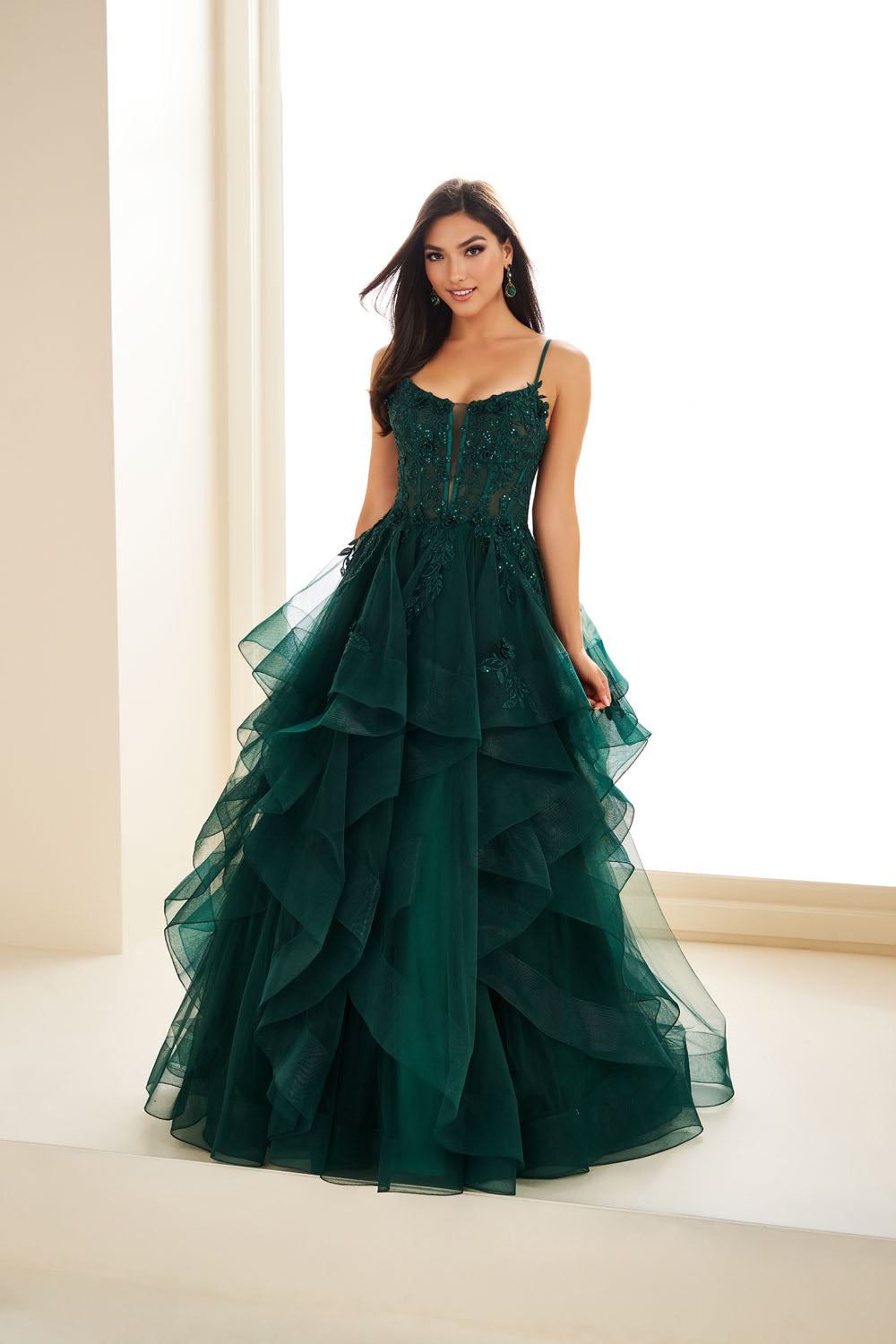 Ellie Wilde EW36225 ball gown prom dress images.  Ellie Wilde EW36225 is available in these colors: Emerald, Wine, Dark Plum, Black, Blue Haze.