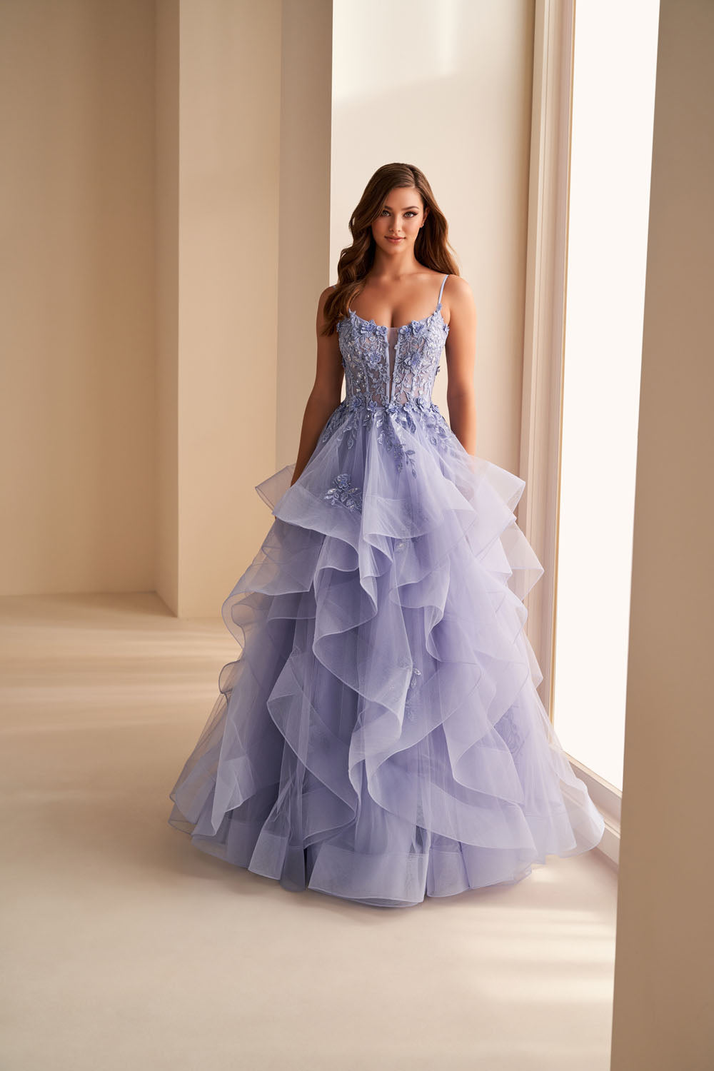 Ellie Wilde EW36225 ball gown prom dress images.  Ellie Wilde EW36225 is available in these colors: Emerald, Wine, Dark Plum, Black, Blue Haze.