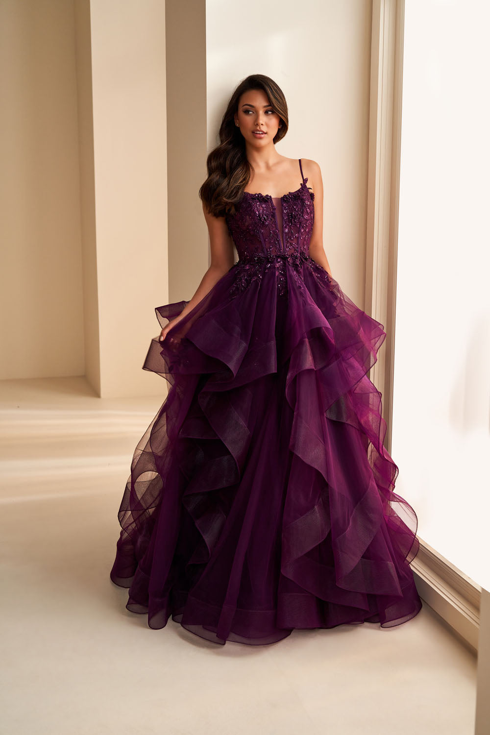 Ellie Wilde EW36225 ball gown prom dress images.  Ellie Wilde EW36225 is available in these colors: Emerald, Wine, Dark Plum, Black, Blue Haze.