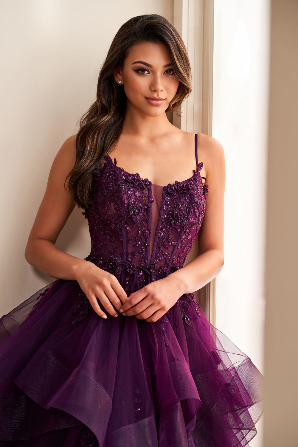 Ellie Wilde EW36225 ball gown prom dress images.  Ellie Wilde EW36225 is available in these colors: Emerald, Wine, Dark Plum, Black, Blue Haze.