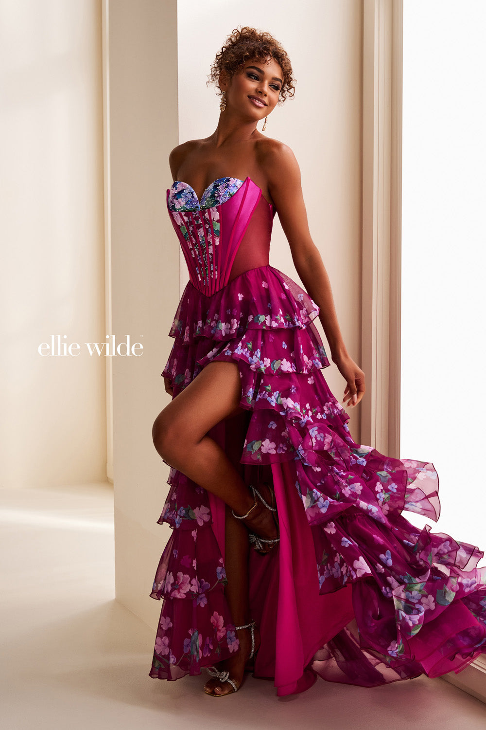 Ellie Wilde EW37001, Magenta multi prom dress with corset bodice and layered ruffles.