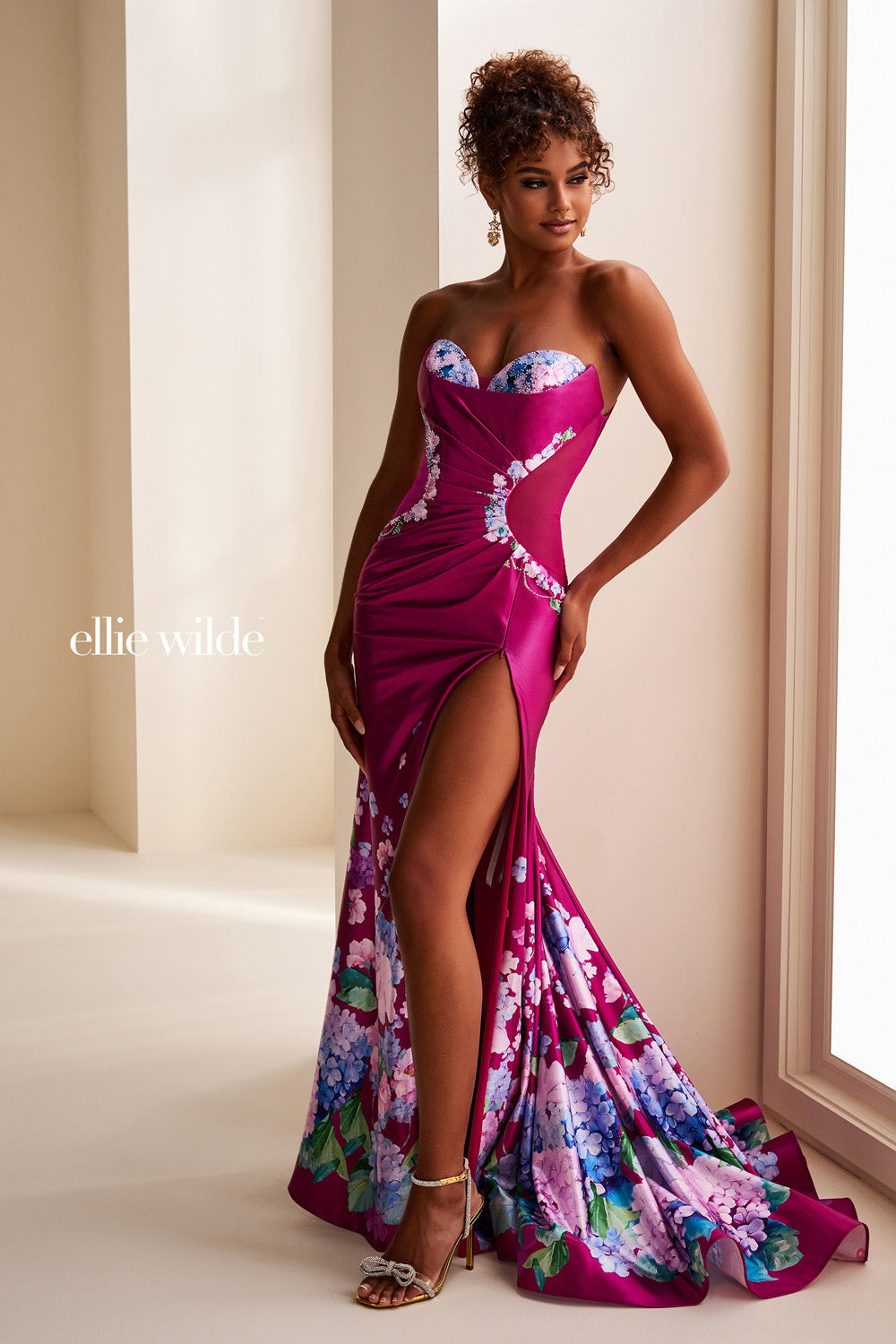 Ellie Wilde EW37002 fuchsia, fitted silhouette, thigh high slit with floral accents prom dress images.
