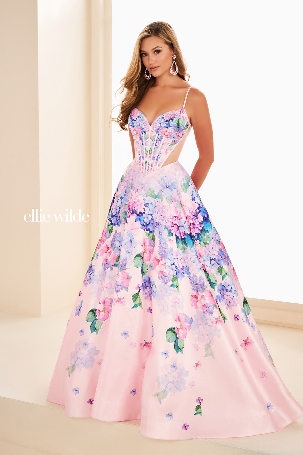 Ellie Wilde EW37004 pink floral ball gown with sweetheart neckline prom dress images.