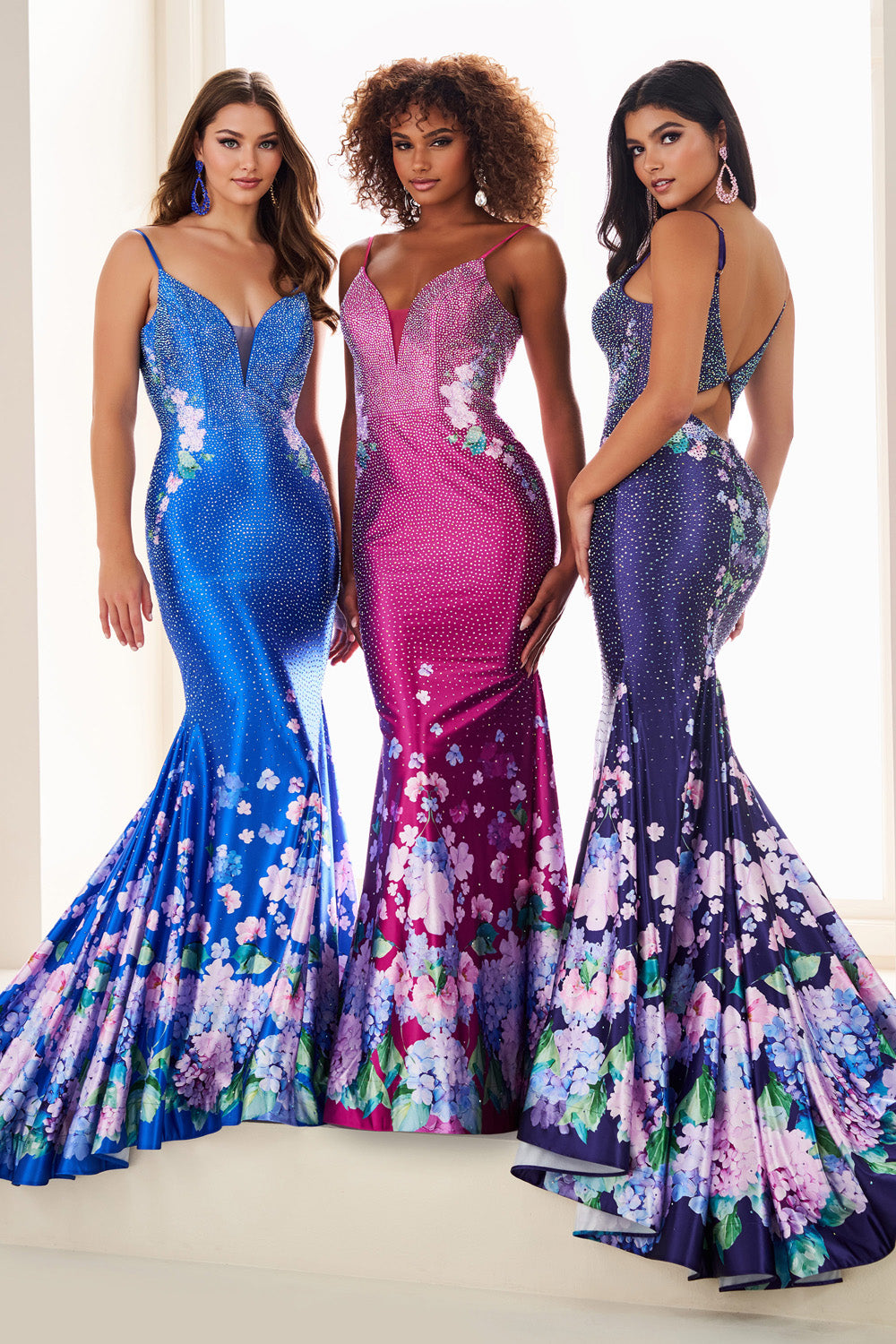 Ellie Wilde EW37005 colorful mermaid dresses with floral patterns and sequins prom dress images.