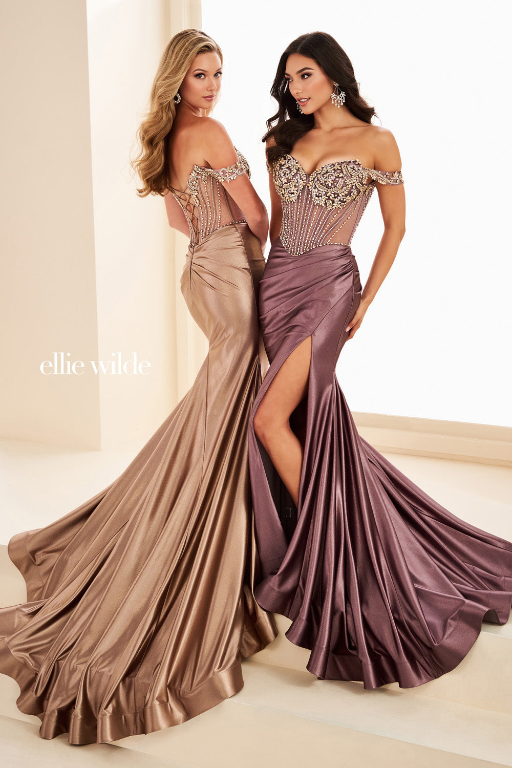 Ellie Wilde EW37016 off the shoulder, fitted silhouette, high slit detail prom dress images.