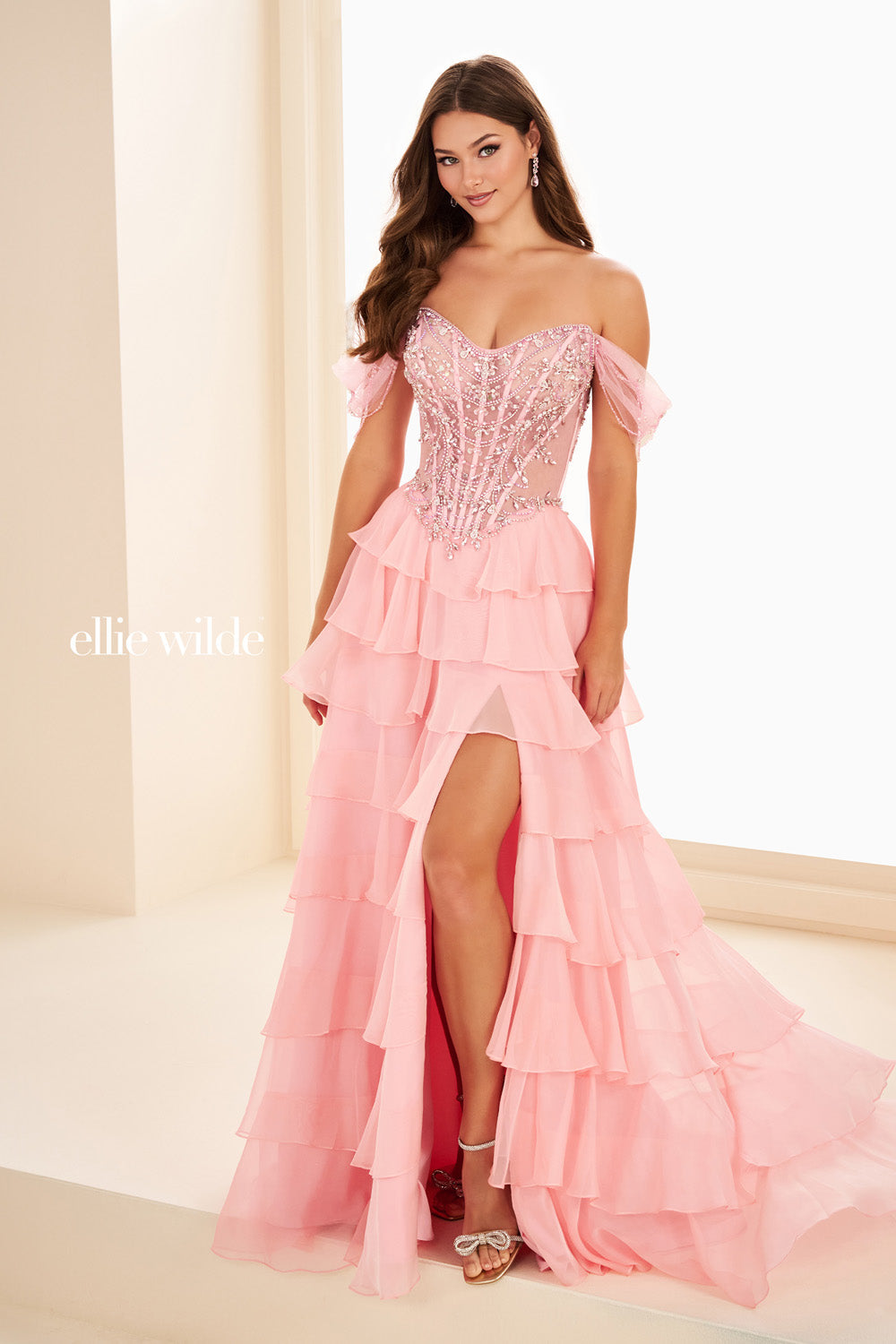 Ellie Wilde EW37018 pink, tiered silhouette with off the shoulder sleeves prom dress images.