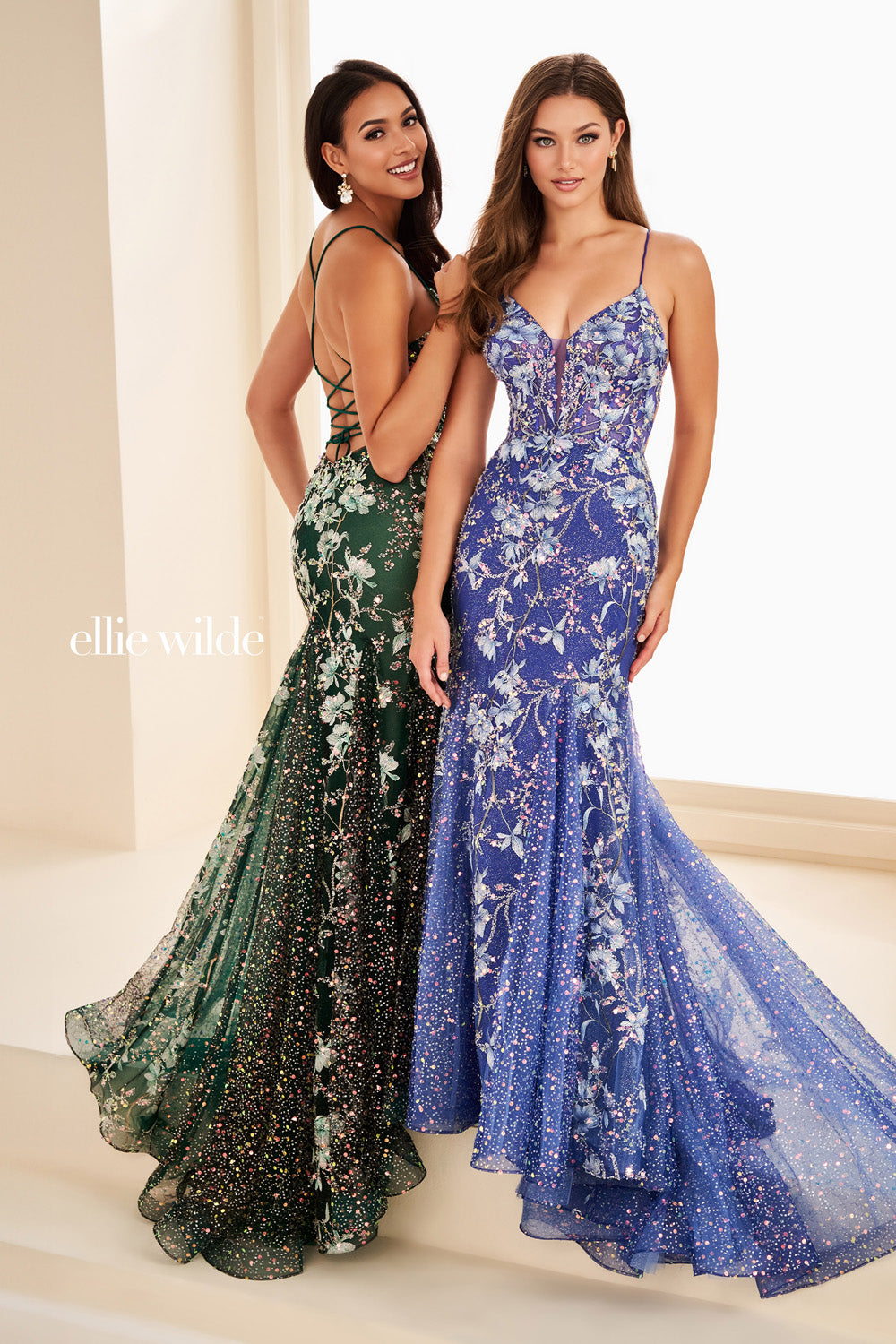 Ellie Wilde EW37021 green and blue mermaid dresses with floral embellishments prom dress images.