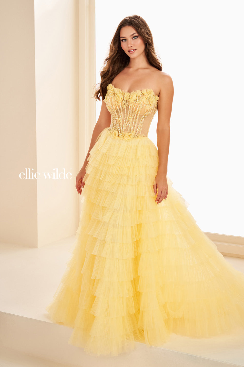 Ellie Wilde EW37026 yellow, strapless, tiered tulle silhouette with floral details prom dress images.
