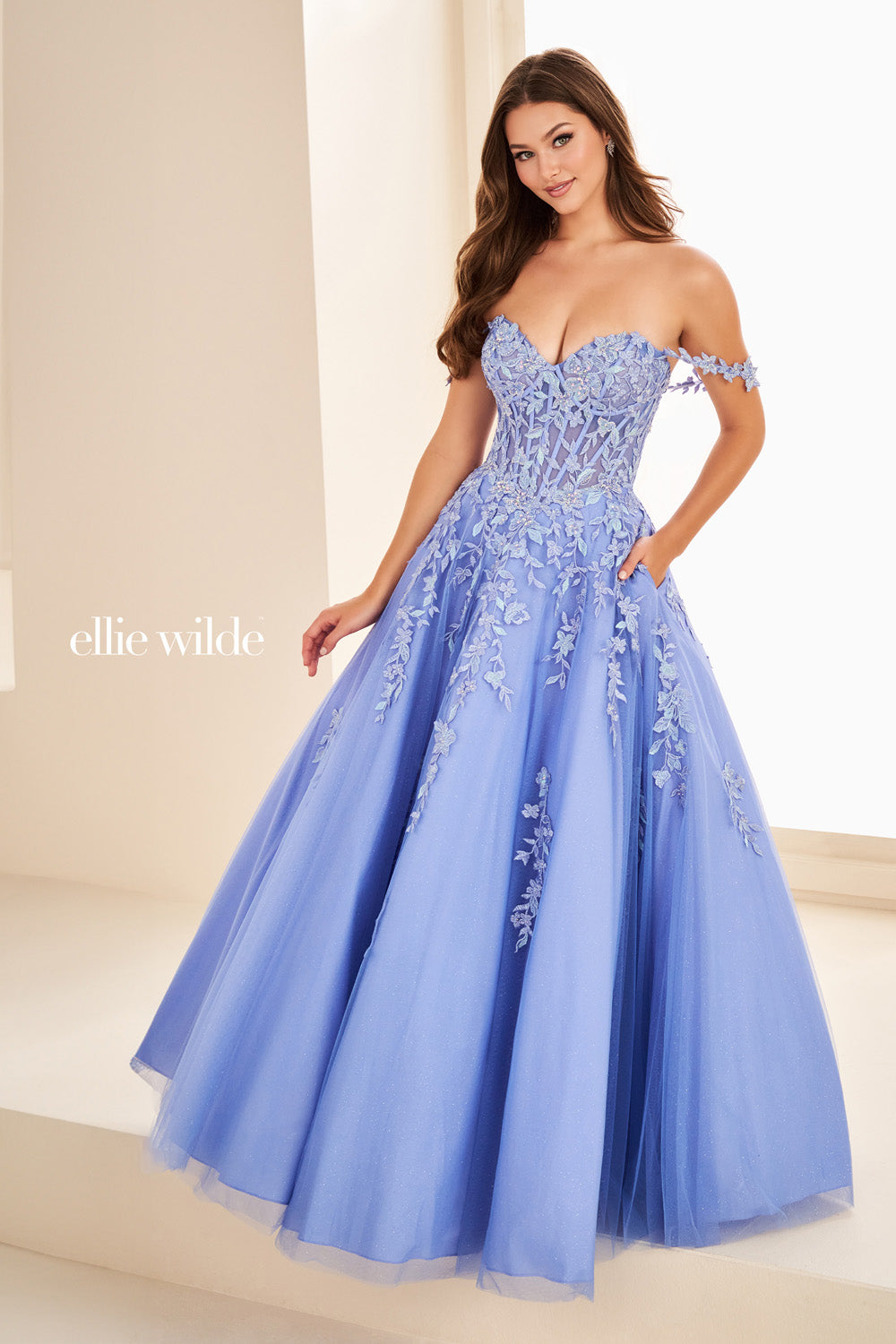 Ellie Wilde EW37028 light blue, ball gown silhouette, floral embroidery detail prom dress images.