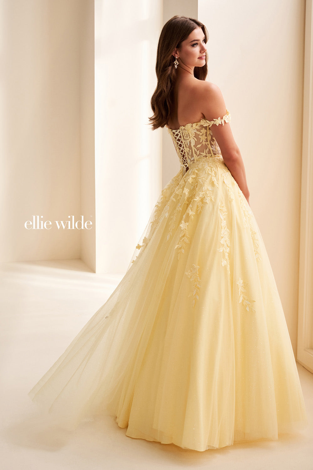 Ellie Wilde EW37028 yellow, off the shoulder, embellished floral design prom dress images.