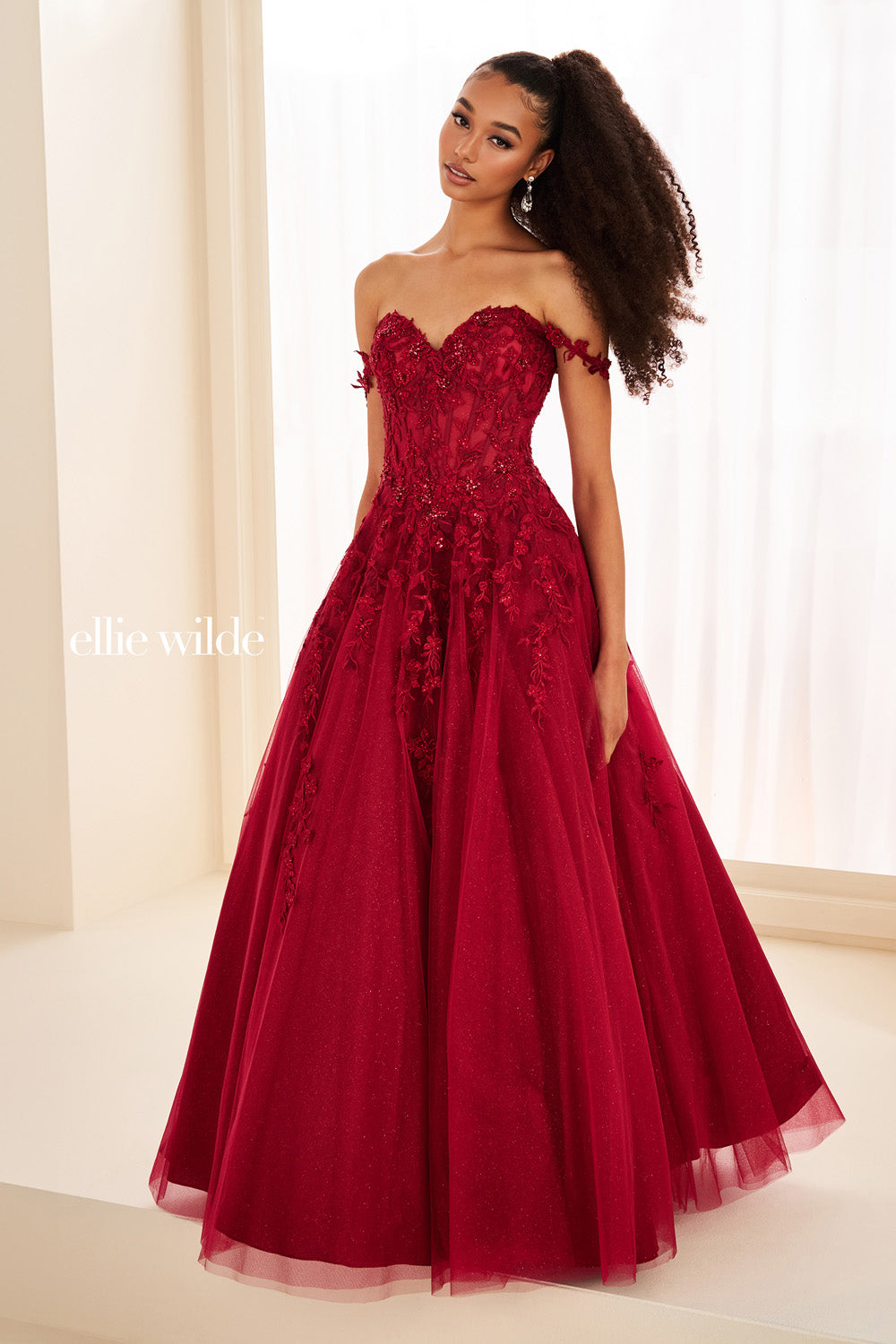 Ellie Wilde EW37028 red, ball gown silhouette, embellished floral details prom dress images.