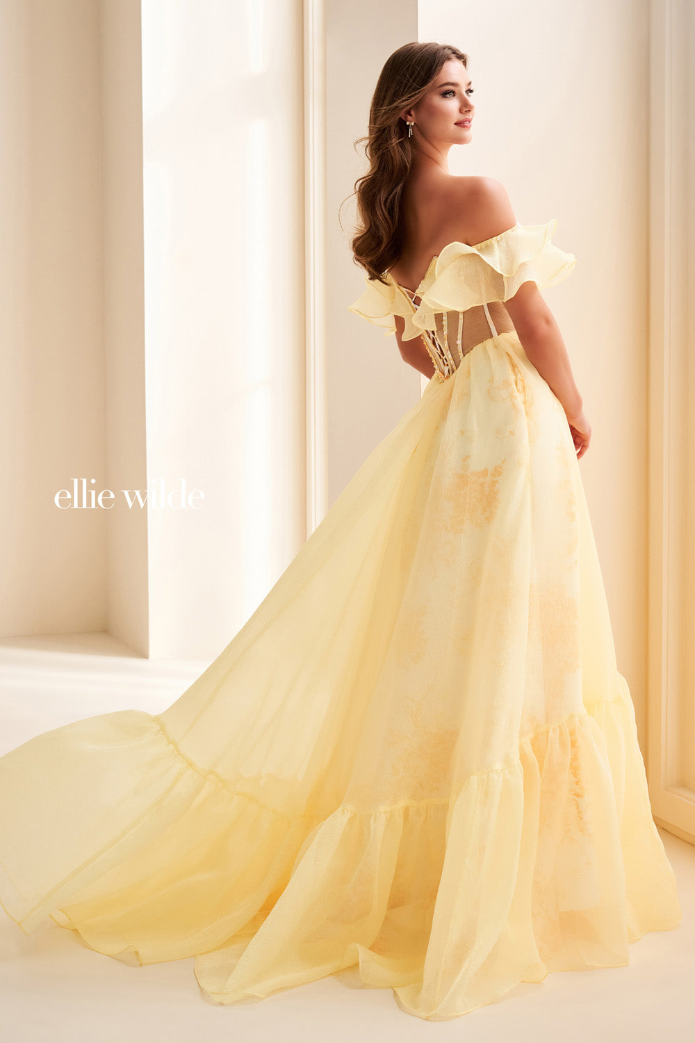 Ellie Wilde EW37029 yellow, off the shoulder, ruffled silhouette with a flowing skirt prom dress images.