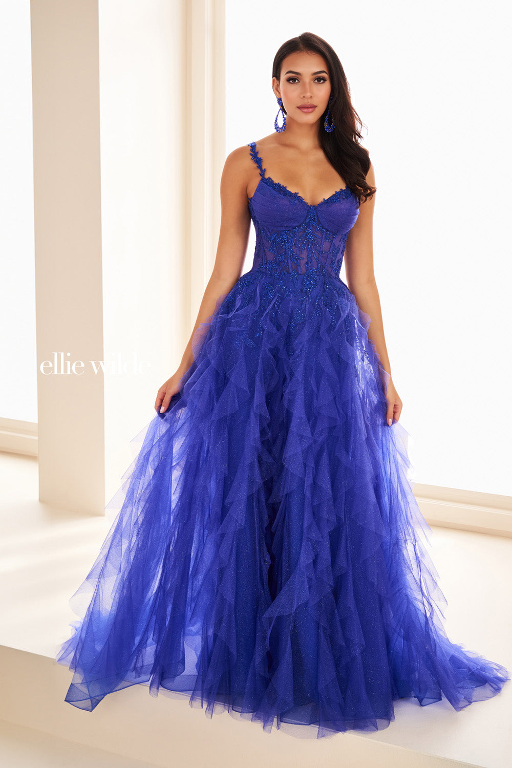 Ellie Wilde EW37031 royal blue, fitted bodice, layered tulle skirt prom dress images.