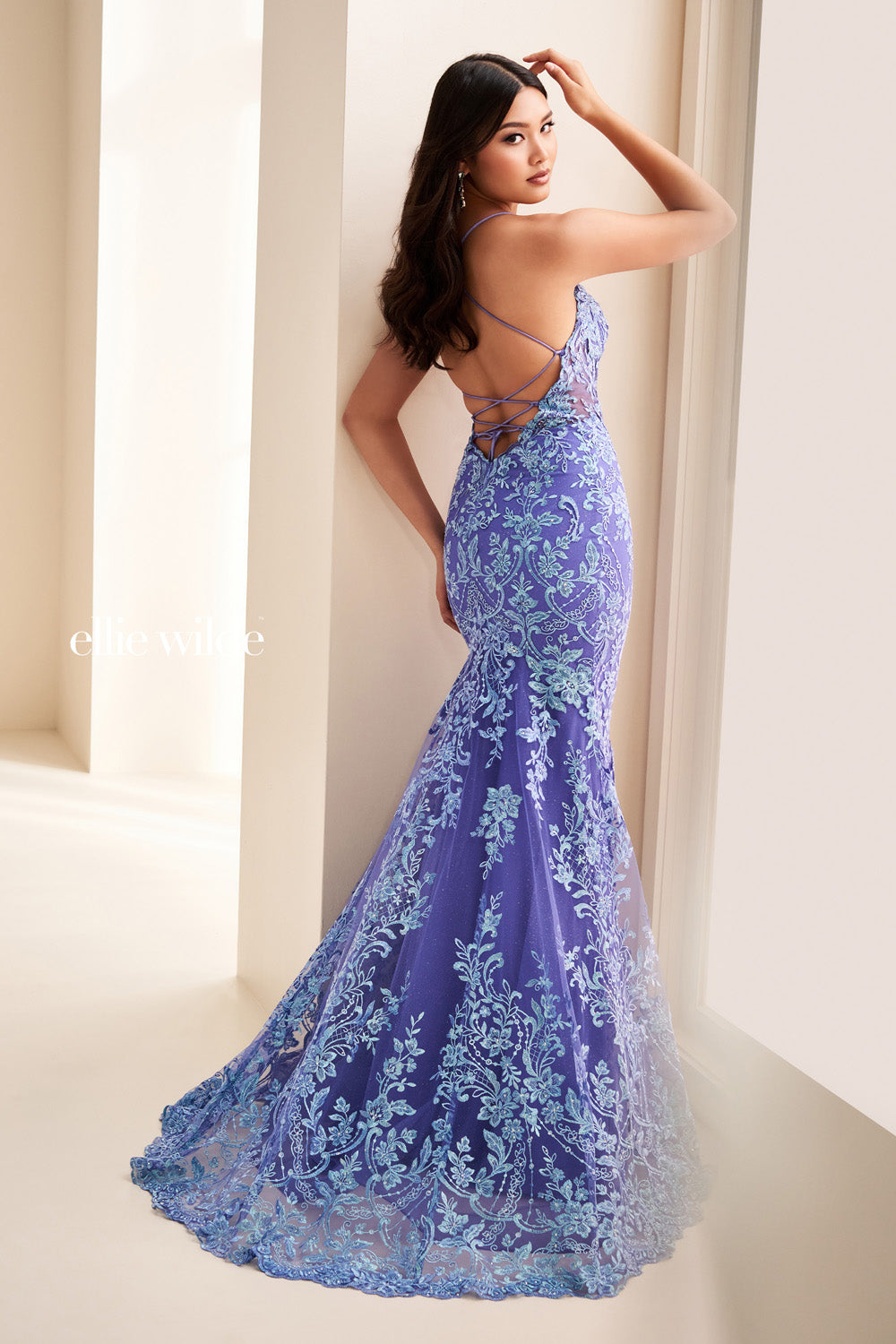 Ellie Wilde EW37040 lavender mermaid dress with intricate floral embroidery prom dress images.