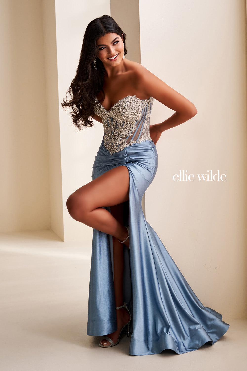 Ellie Wilde EW37044 light blue, fitted silhouette, thigh high slit prom dress images.