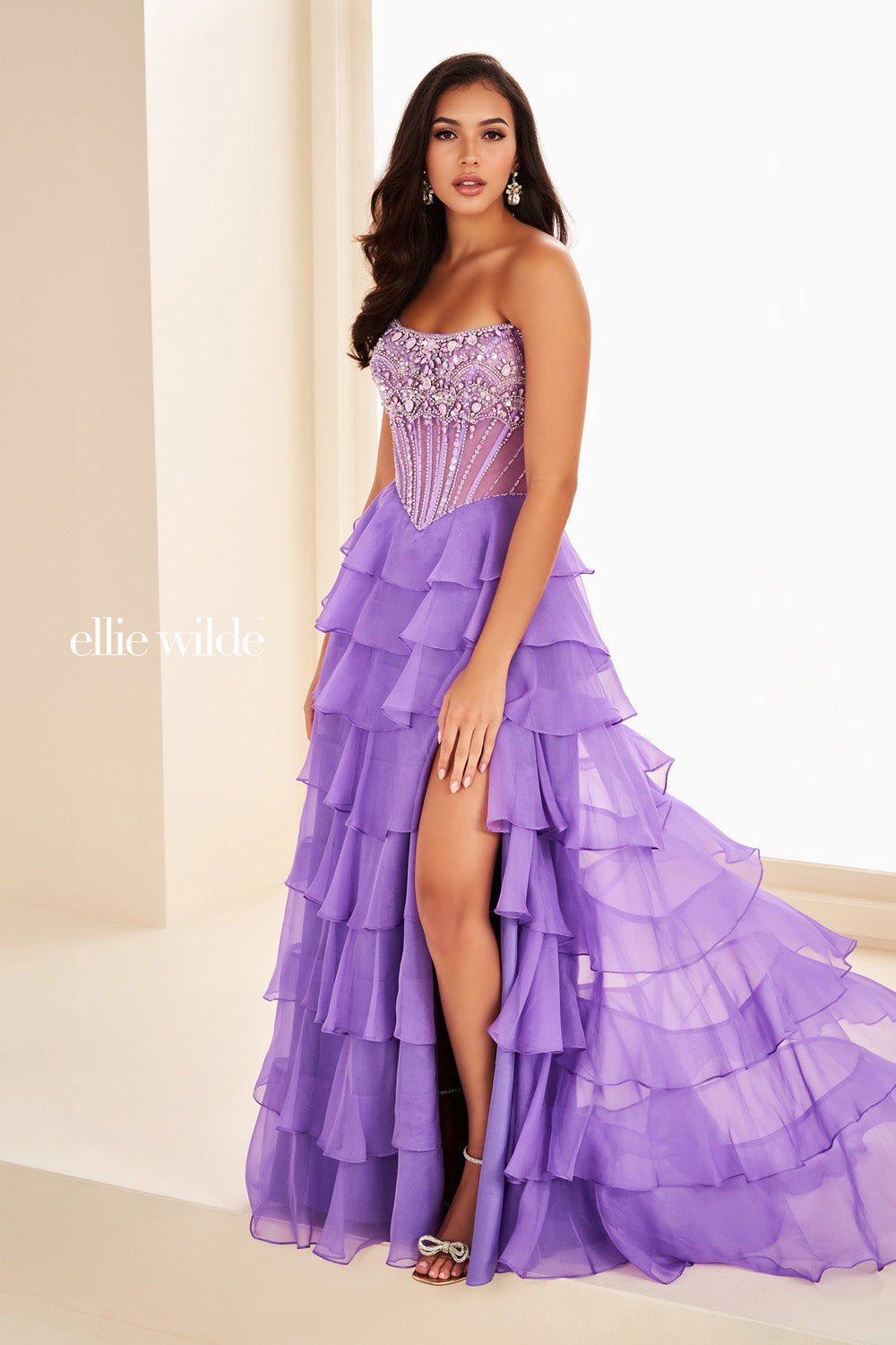 Ellie Wilde EW37057 purple, layered silhouette, embellished bodice prom dress images.