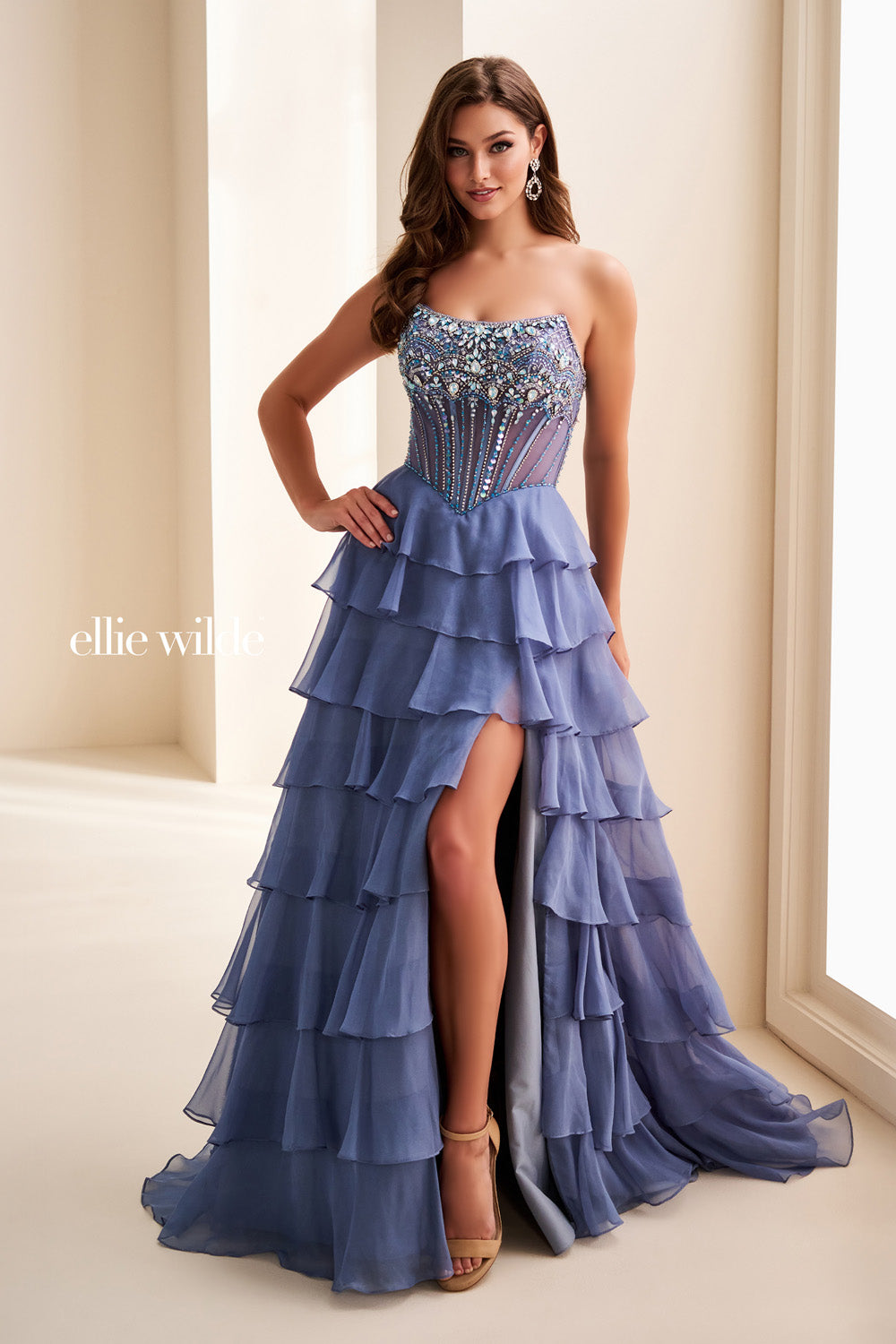 Ellie Wilde EW37057 strapless, layered blue dress with a thigh high slit prom dress images.