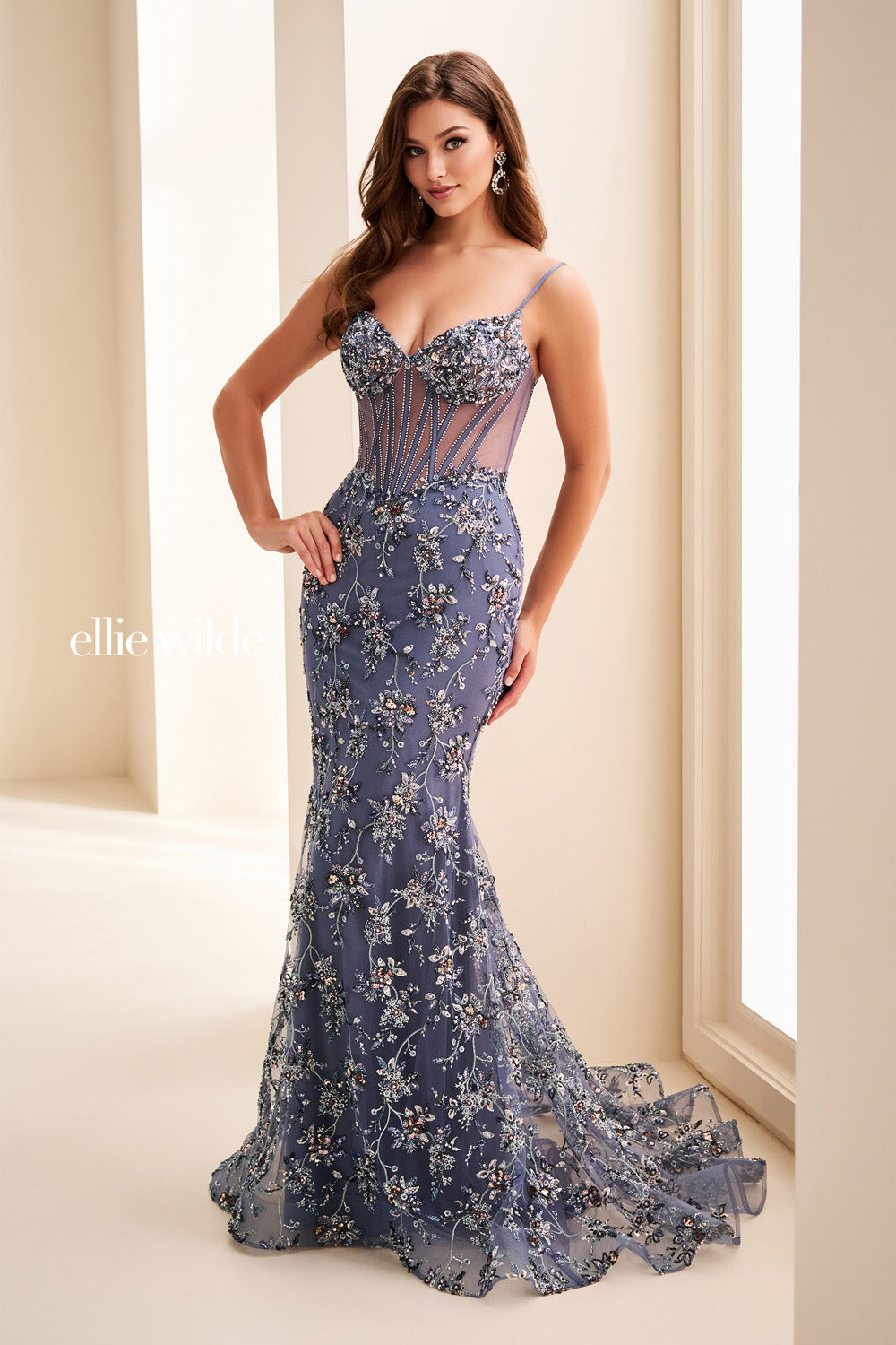 Ellie Wilde EW37058 beaded lavender mermaid dress with sheer bodice prom dress images.