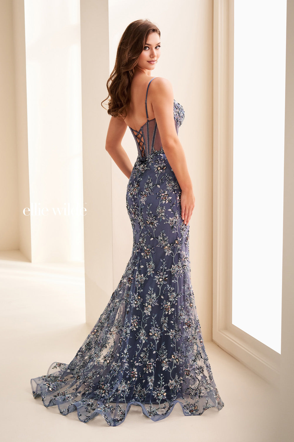 Ellie Wilde EW37058 navy blue, fitted silhouette, intricate floral embroidery prom dress images.