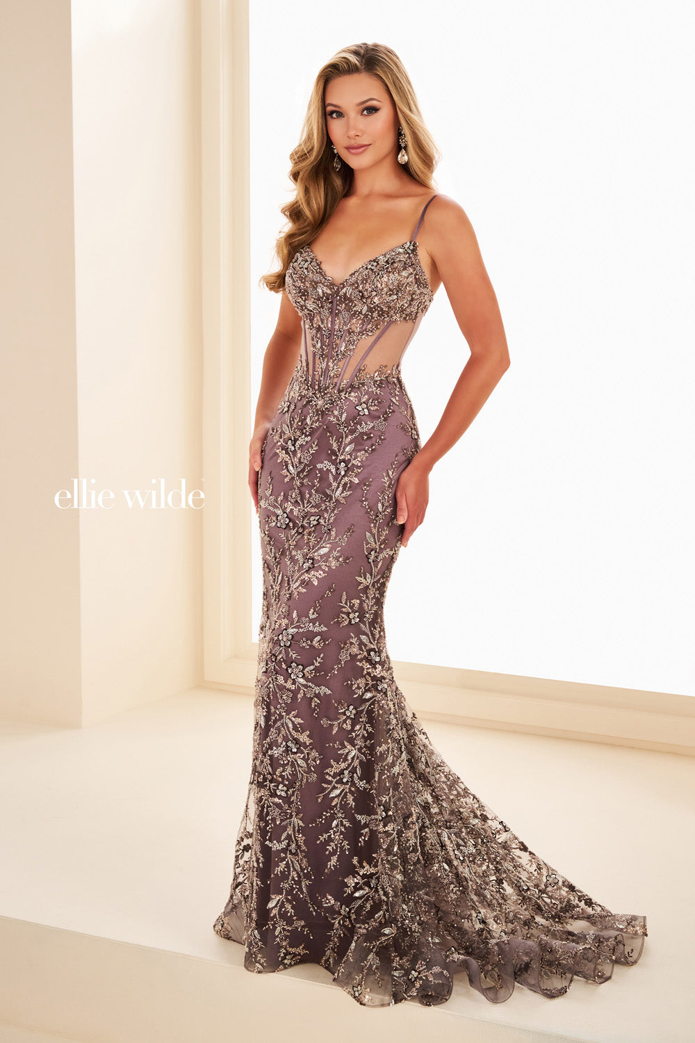 Ellie Wilde EW37060 lavender, fitted silhouette, intricate beaded embroidery prom dress images.